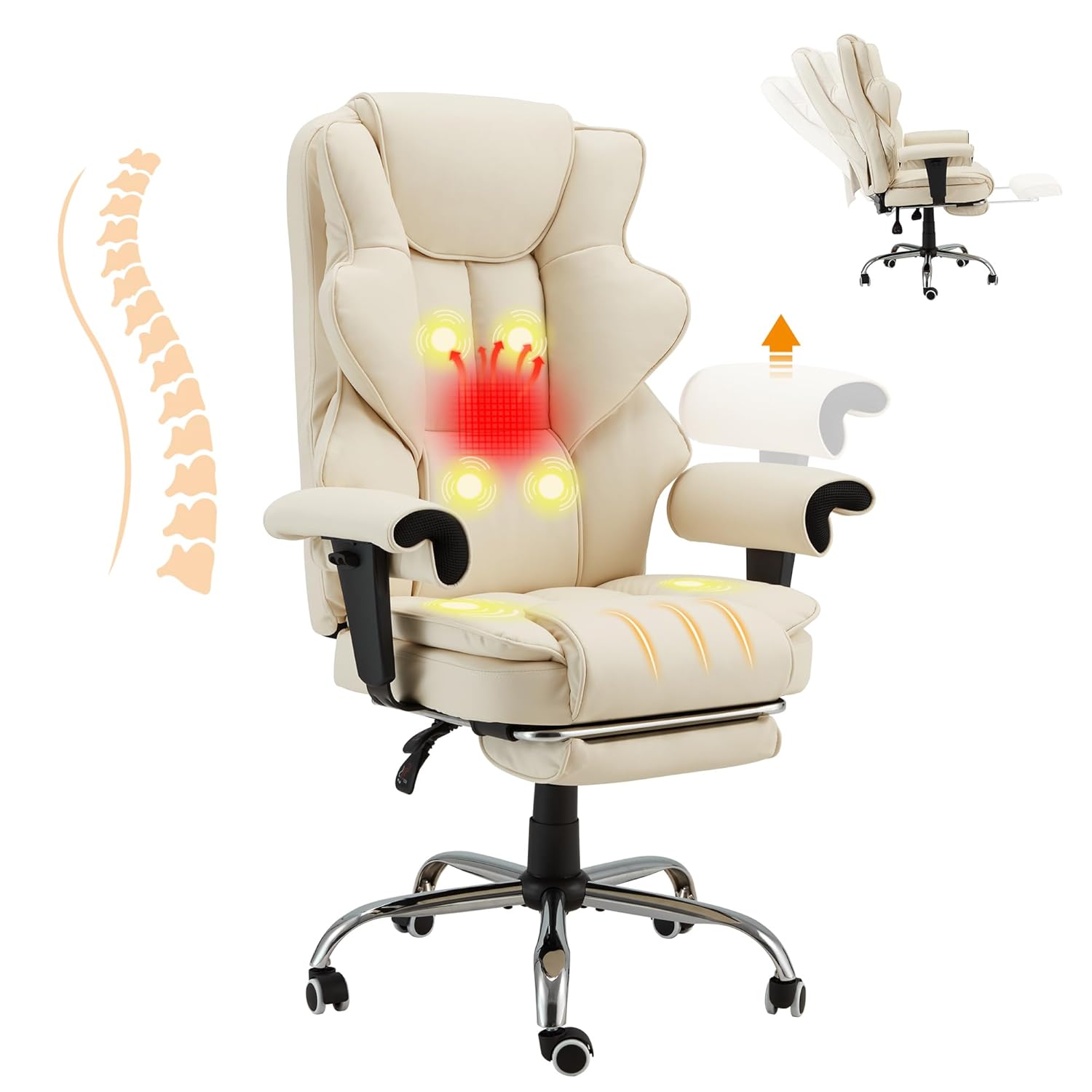 HOMREST 6-Point Massage Executive Chair Heat Office Chair Ergonomic Home Office Desk Chairs with Retractable Footrest and Reclining