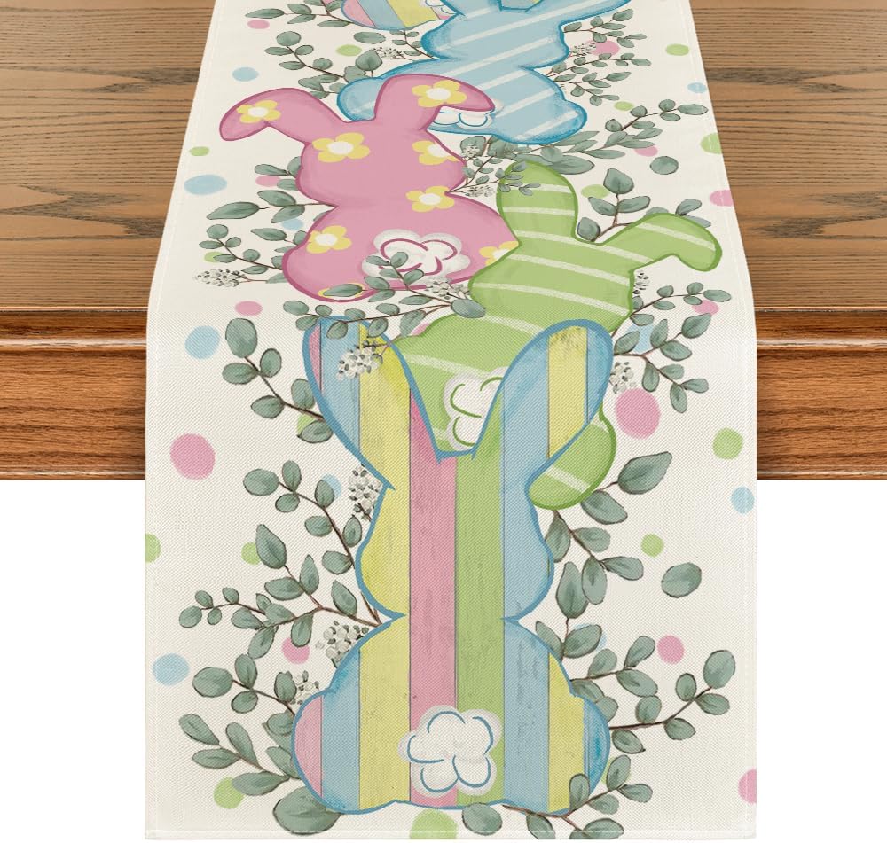 Artoid Mode Watercolor Bunny Rabbit Eucalyptus Easter Table Runner, Seasonal Spring Kitchen Dining Table Decoration for Home Party Decor 13x72 Inch