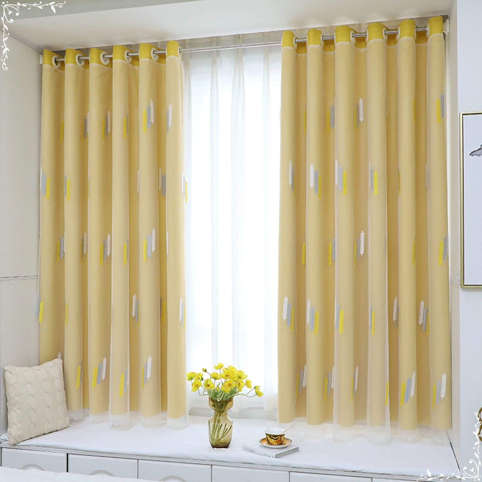 Daesar Verdunklungsvorhänge Gelb 2er Set, Vorhänge Blickdicht mit Ösen Stickerei mit Weizen Motiv Doppelschicht Modern 137x183CM Gardinen Vorhänge Schlafzimmer Wohnzimmer
