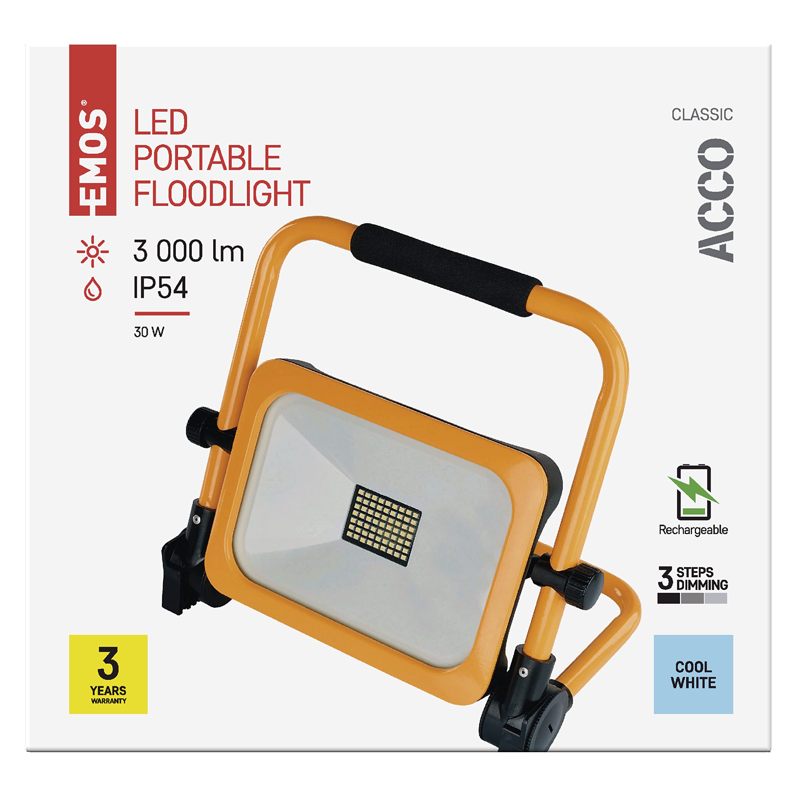 EMOS Foco LED con batería de 30 W, impermeable, portátil, con soporte y asa, 3 modos de luz con brillo máximo de 3000 lm, 6500 K, recargable, 10000 mAh, clase de protección IP54