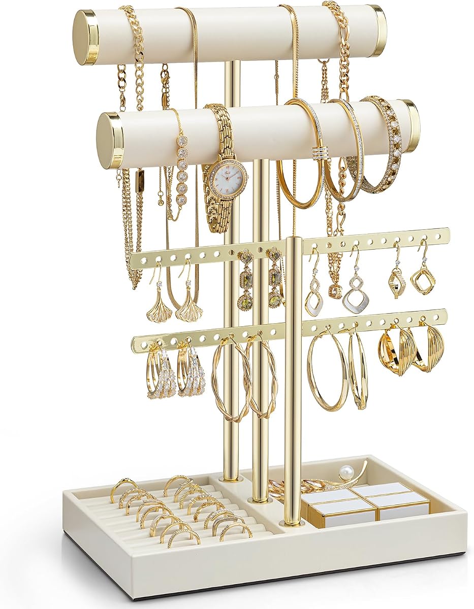 VLANDO Expositor de pulsera de 3 niveles, soporte de joyería de cuero para mujer, soporte de joyería desmontable para pulsera, collar, pendientes, anillos, color beige