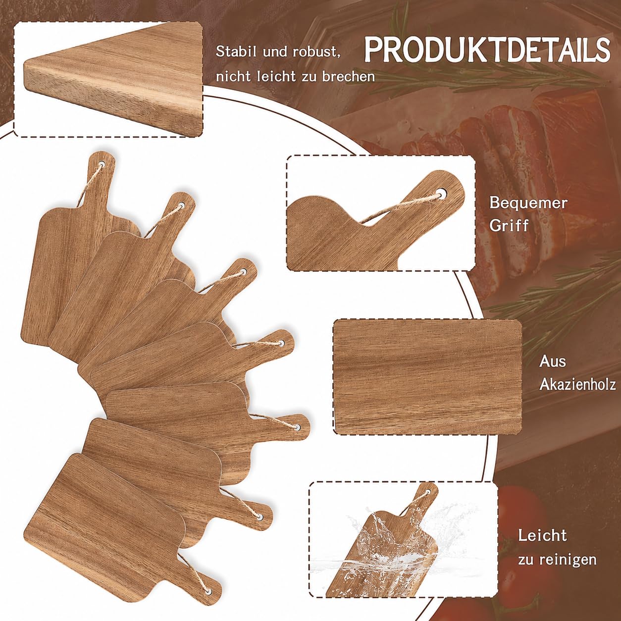 12er Set Akazienholz Schneidebretter mit Griff, 22 x 15 cm Kleine Holz Servierbretter, Holz Pizza Bretter Küchenbrett Schneiden & Servieren Frühstücksbrettchen für Käse Fleisch Brot Obst