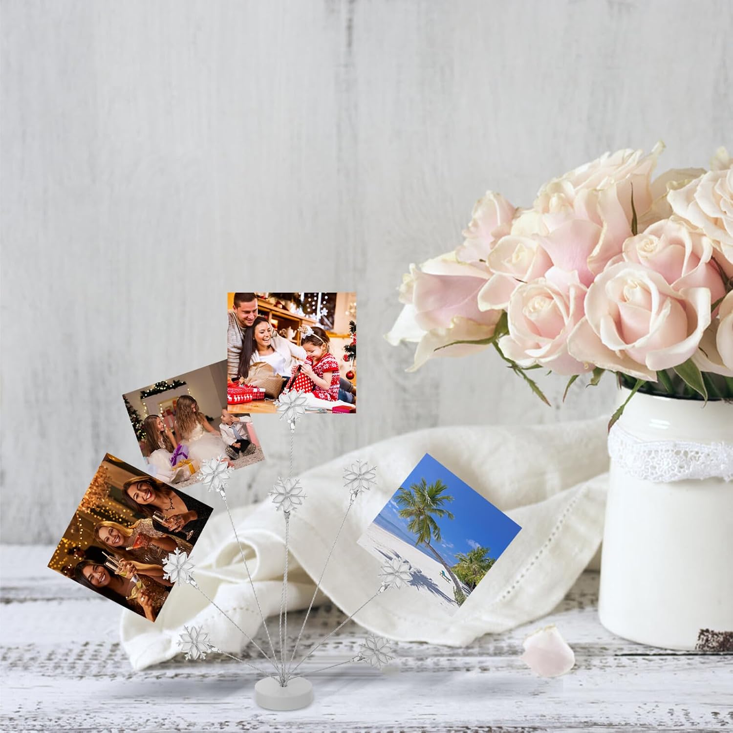 Multi-Head Metal Photo Clip Stand Snowflake Desktop Picture Holder with Memo Clamp Reusable Photo Card Display for Home Office Décor