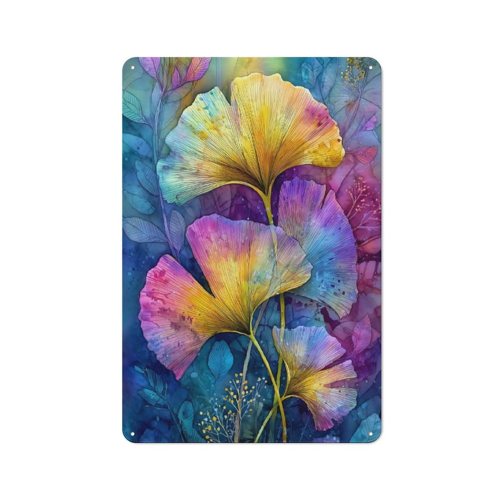 Junmoney Style-3 Tin Wall Plaque 30X20cm With Colorful Ginkgo Leaves Watercolor Painting For Hallway Wall, A Decorative Metal Sign For Hallways And Entrance Areas