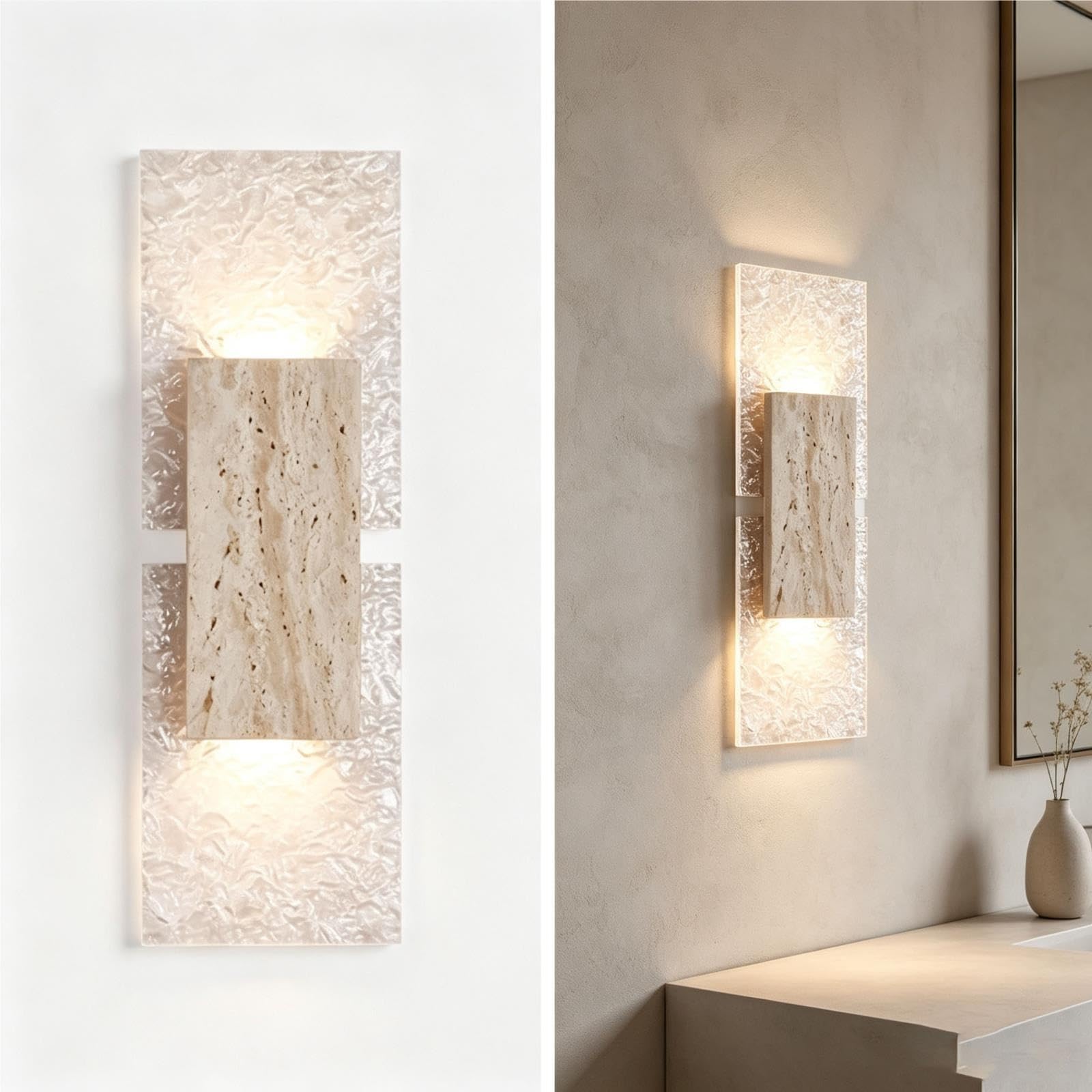 Sconce da parete in travertino e acrilico, lampada moderna verso l'alto