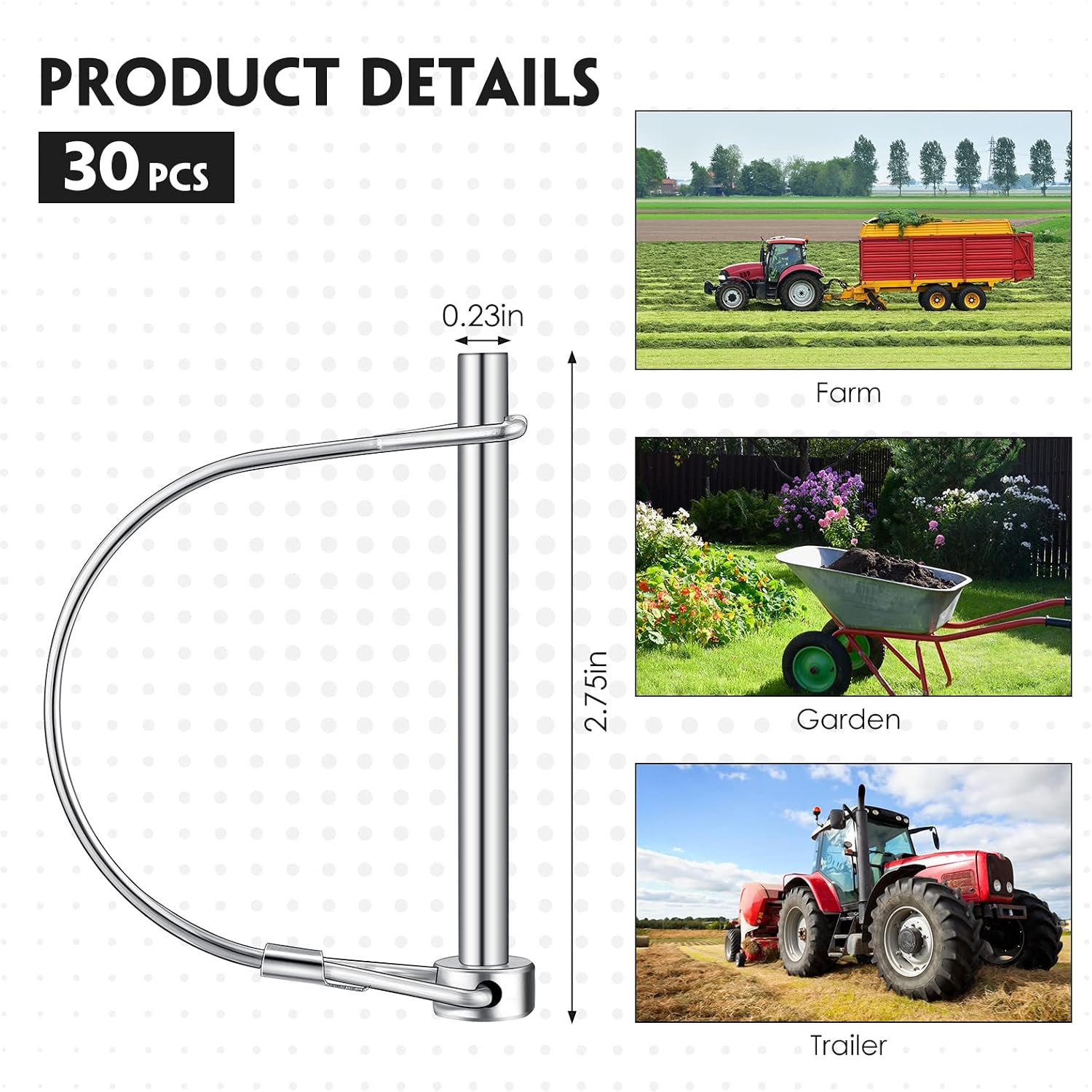 Yexiya 30 Pcs Trailer Hitch Pin Lock, 2-3/4" x 1/4" Pto Shaft Locking Safety Coupler Pin, Carbon Steel, Arch, Heavy Duty, for Farm Trailers, Towing, Wagons, Lawn Equipment and Hitches