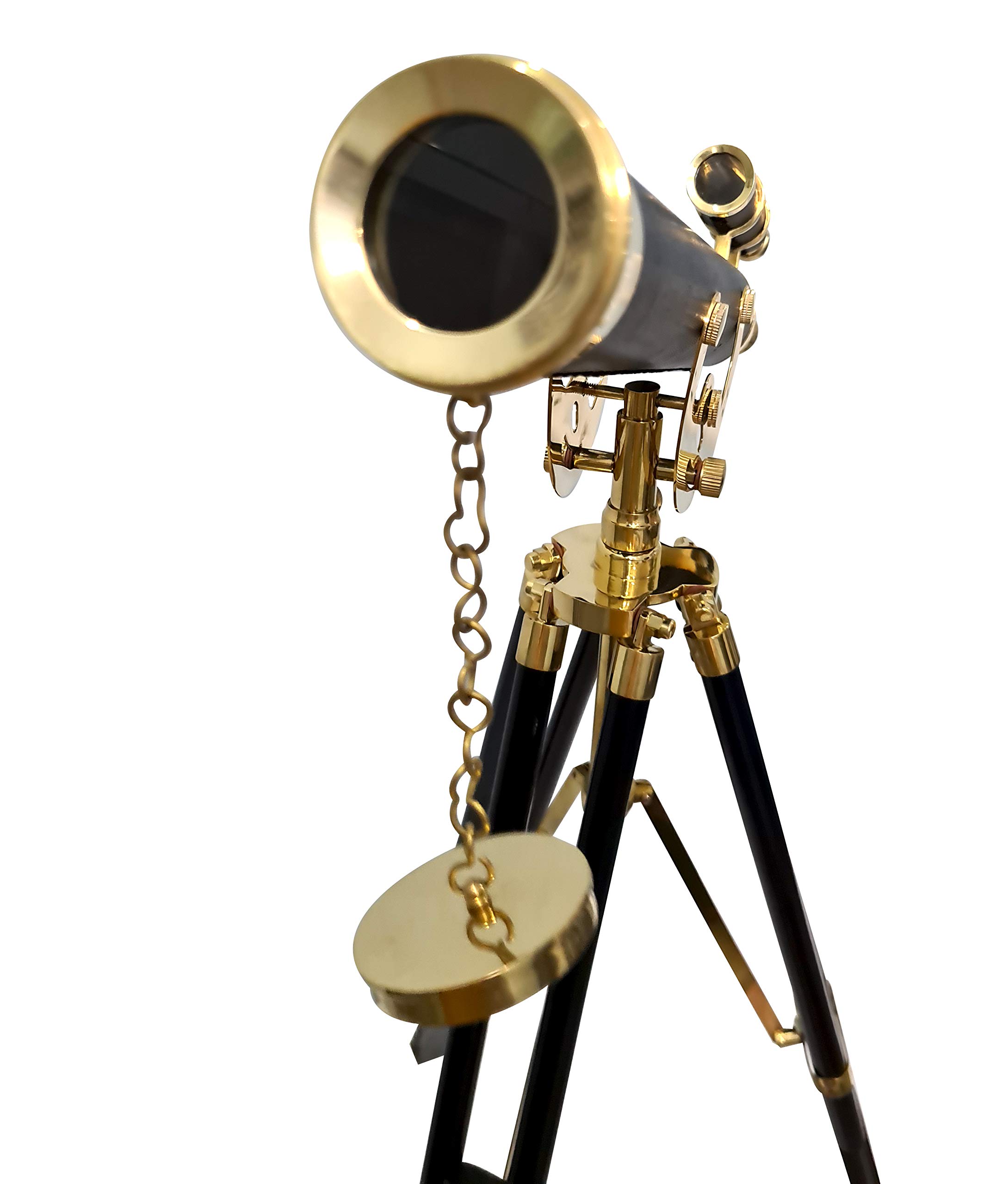 Télescope en laiton et cuir de style ancien sur trépied en
