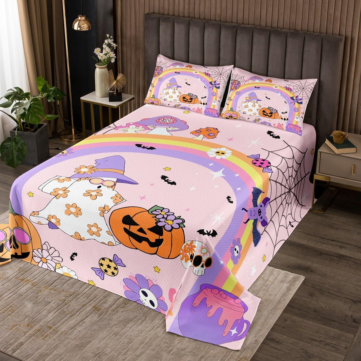 jejeloiu Happy Halloween Bedspread Cute Ghost Bedspread for Kids Boys Girls Pumpkin Lantern Coverlet Set Hippie Flower Quilted Bedroom Collection 2Pcs Twin Size