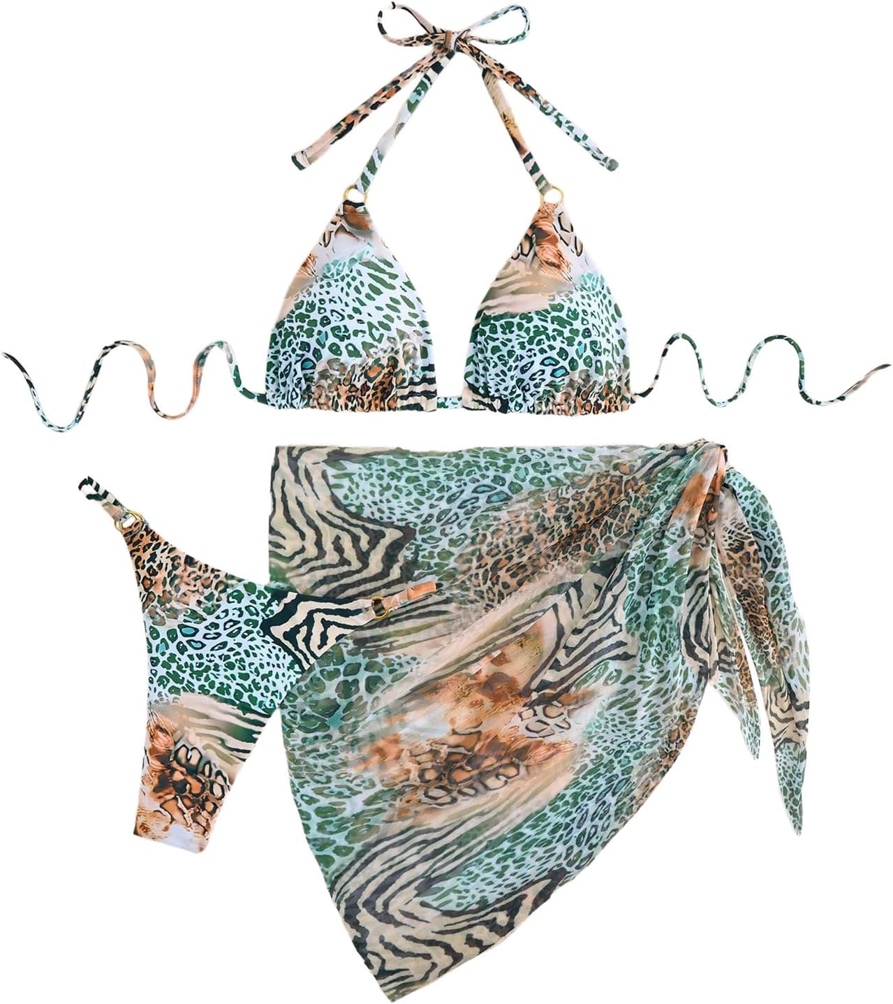 WDIRARA Women's 3 Pieces Bikini Set Leopard Print Halter String Swimsuit with Cover Up Skirt