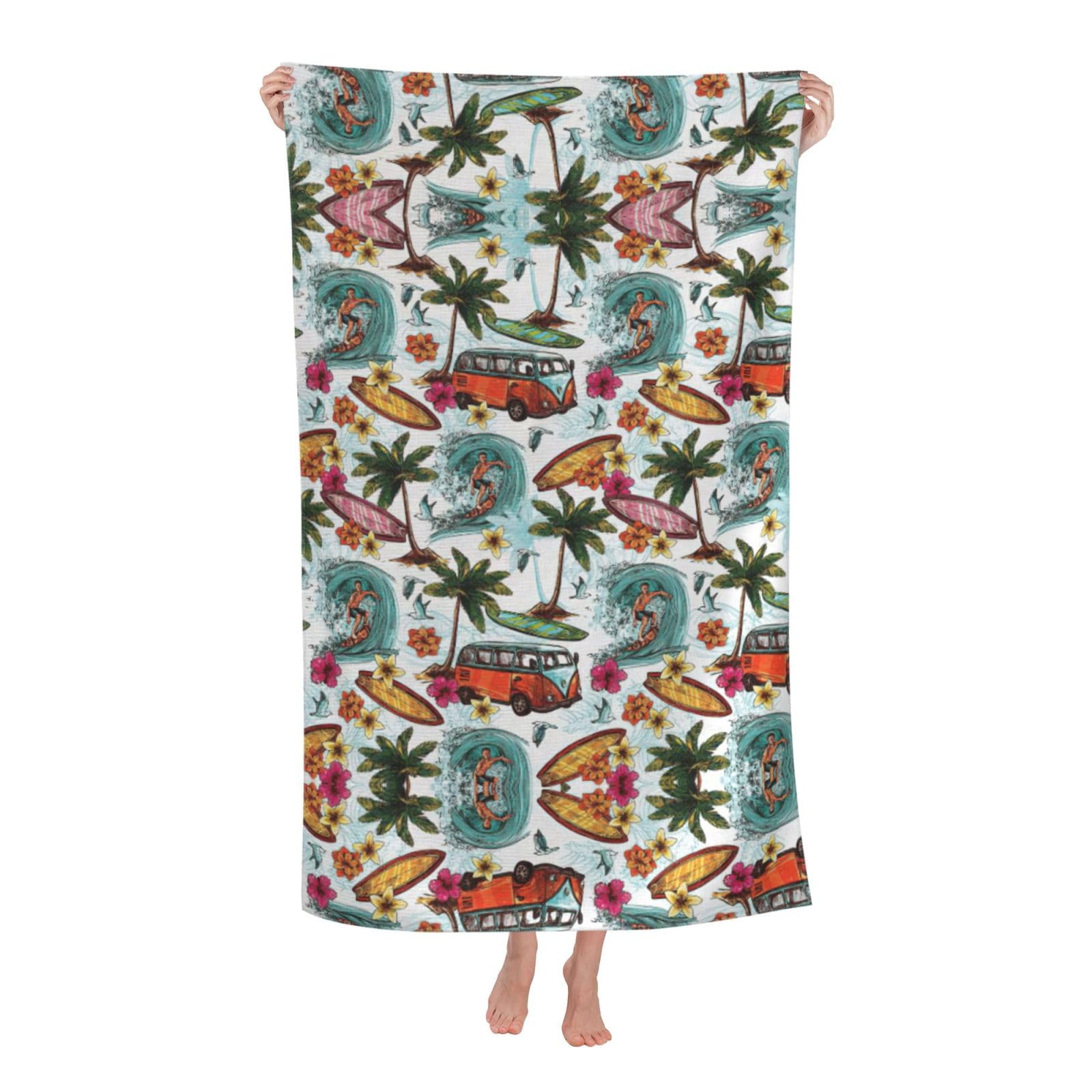 KPXXAQT Hawaiian Surfer On Wavy Print Oversized Adult Beach Towel Quick-Dry Travel Swimming Camping Outdoor Adventures