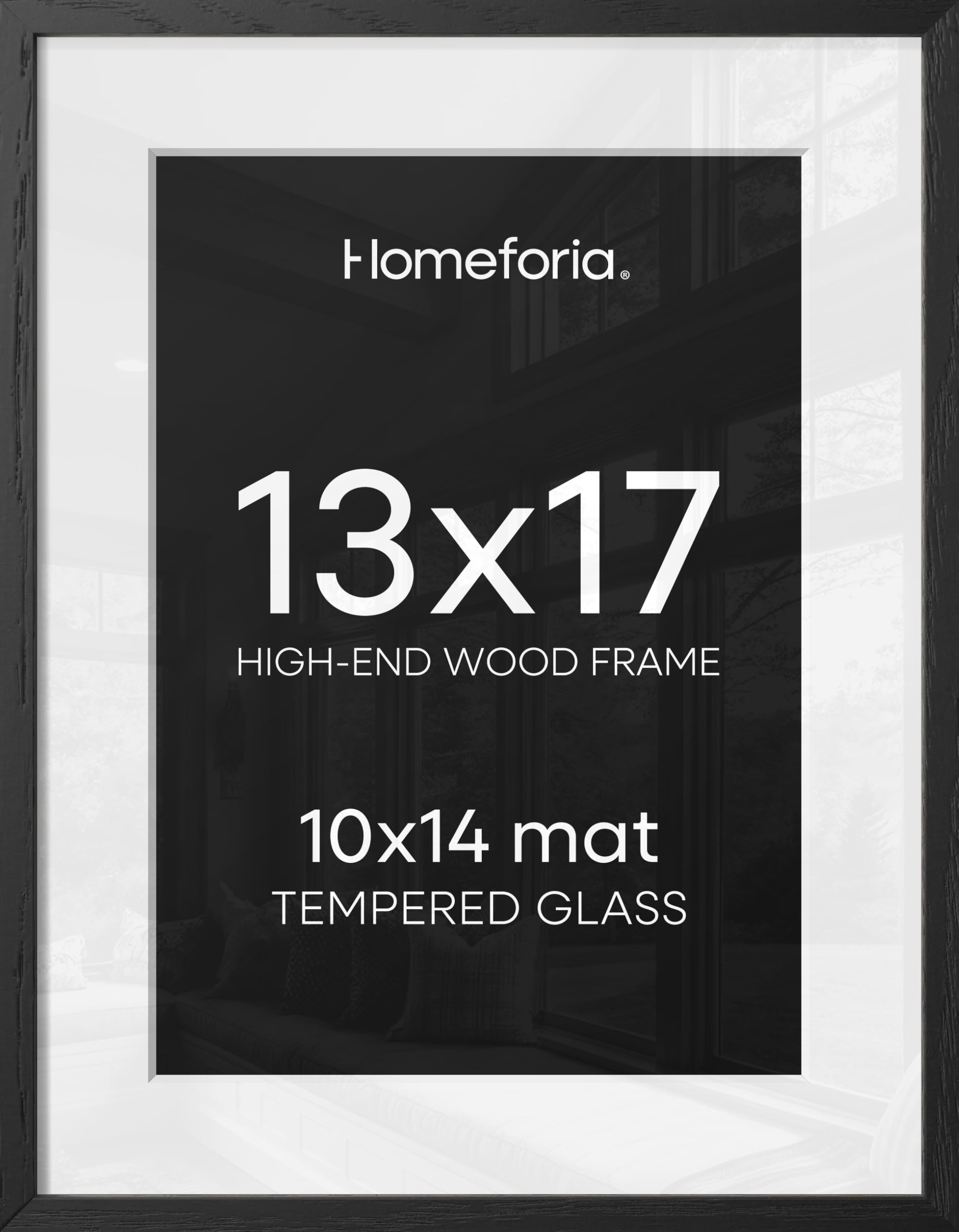 Homeforia 13x17 Black Oak Picture Frame, High-End Wood, 10x14 Mat, Glass | High End Solid Oak Wood, Tempered Glass, Acid-Free 10x14 Removable Mat, 13x17 Edge-to-Edge Display 17x13, Wall Kit, Set Of 2