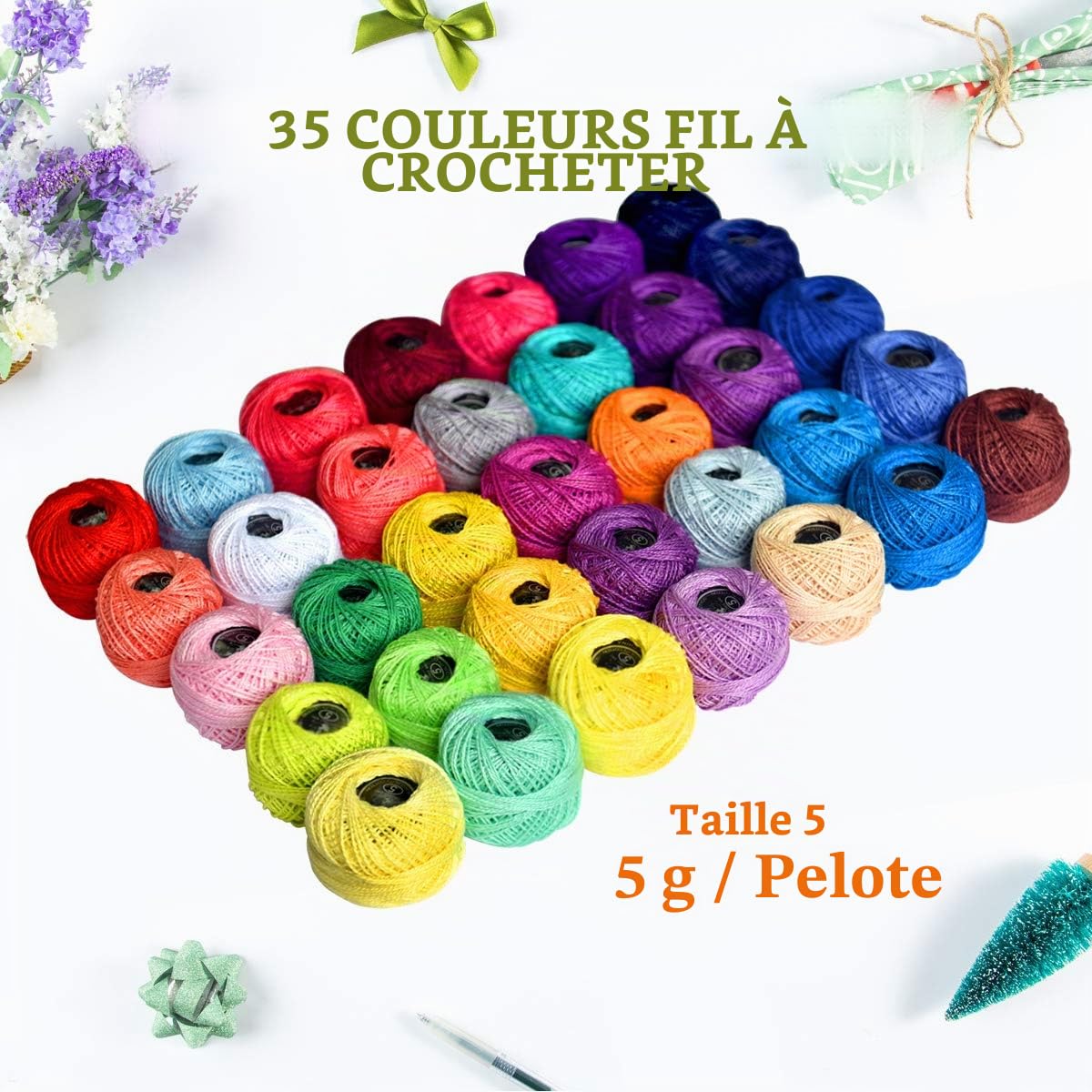 Lot de 35 pelotes de fils de coton pour crochet, couleurs arc-en-ciel tendance, taille 5, fil 100 % coton mercerisé à longues fibres