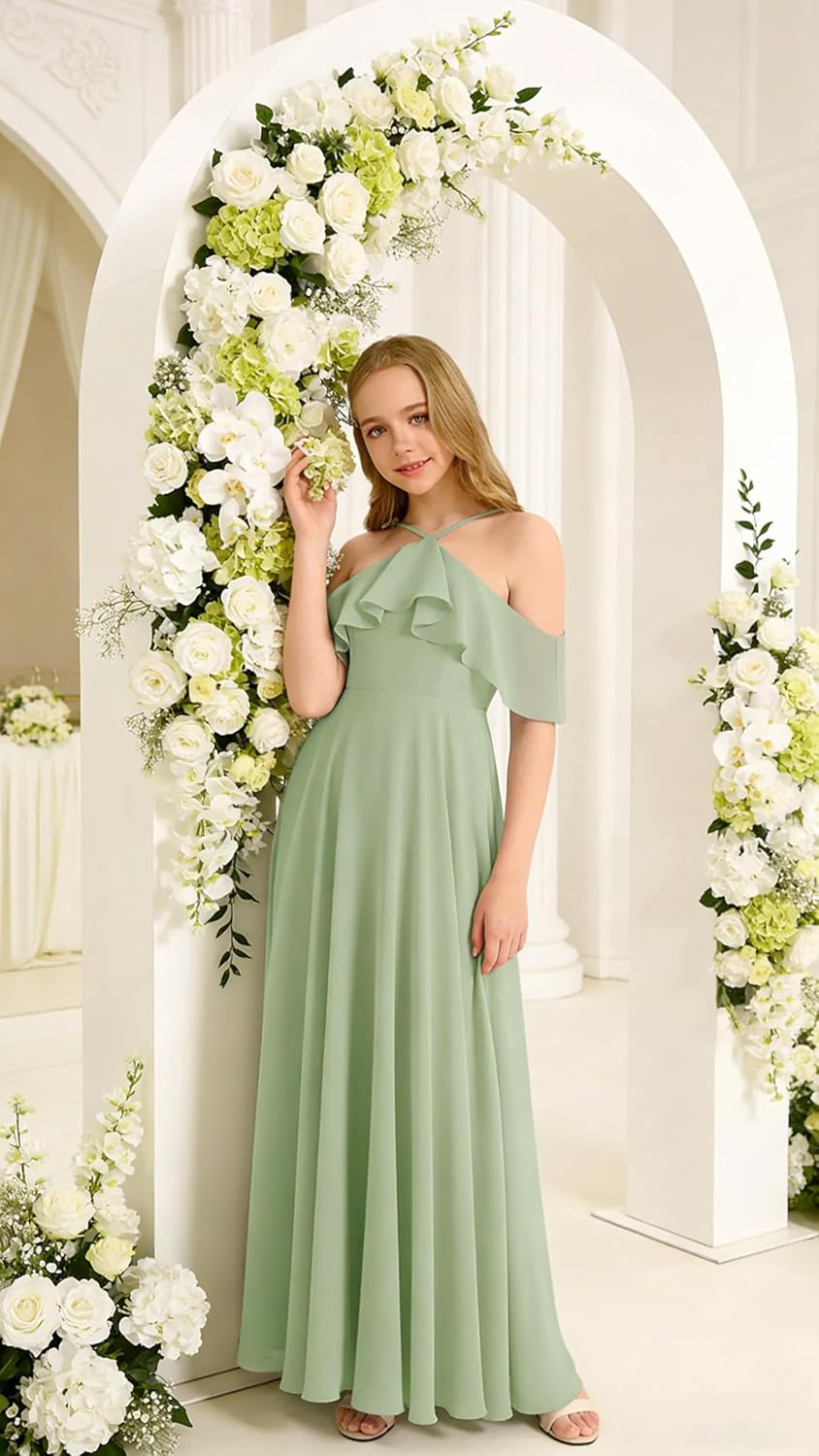 Off The Shoulder Junior Bridesmaid Dress Chiffon Flower Girl Dresses with Cascading Ruffles A Line Wedding Party Gown
