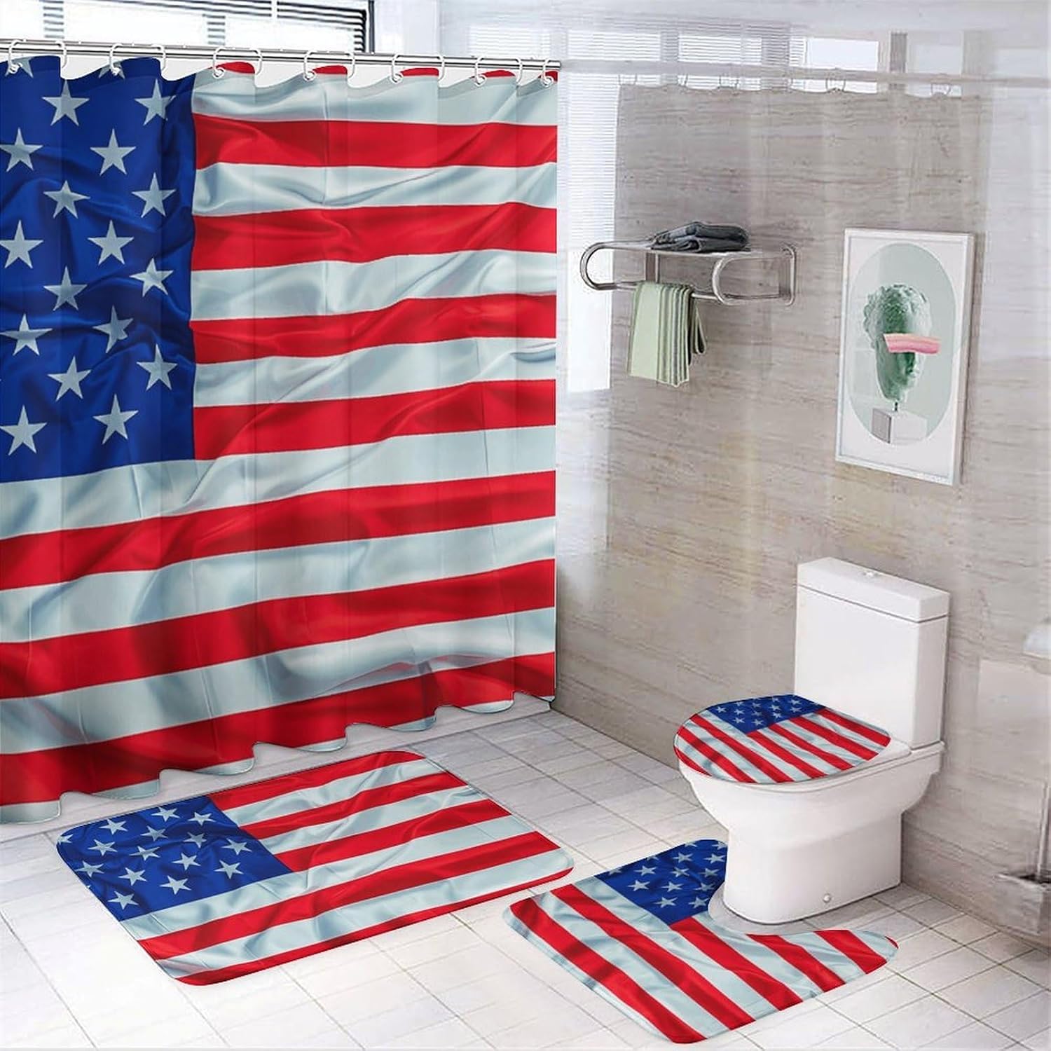 Flag Pattern Shower Curtain Set 4 Piece, Non-Slip Bath Mat with Toilet Lid Cover and Waterproof Shower Curtain with 12 Hooks, Complete Bathroom Set for Home Decor