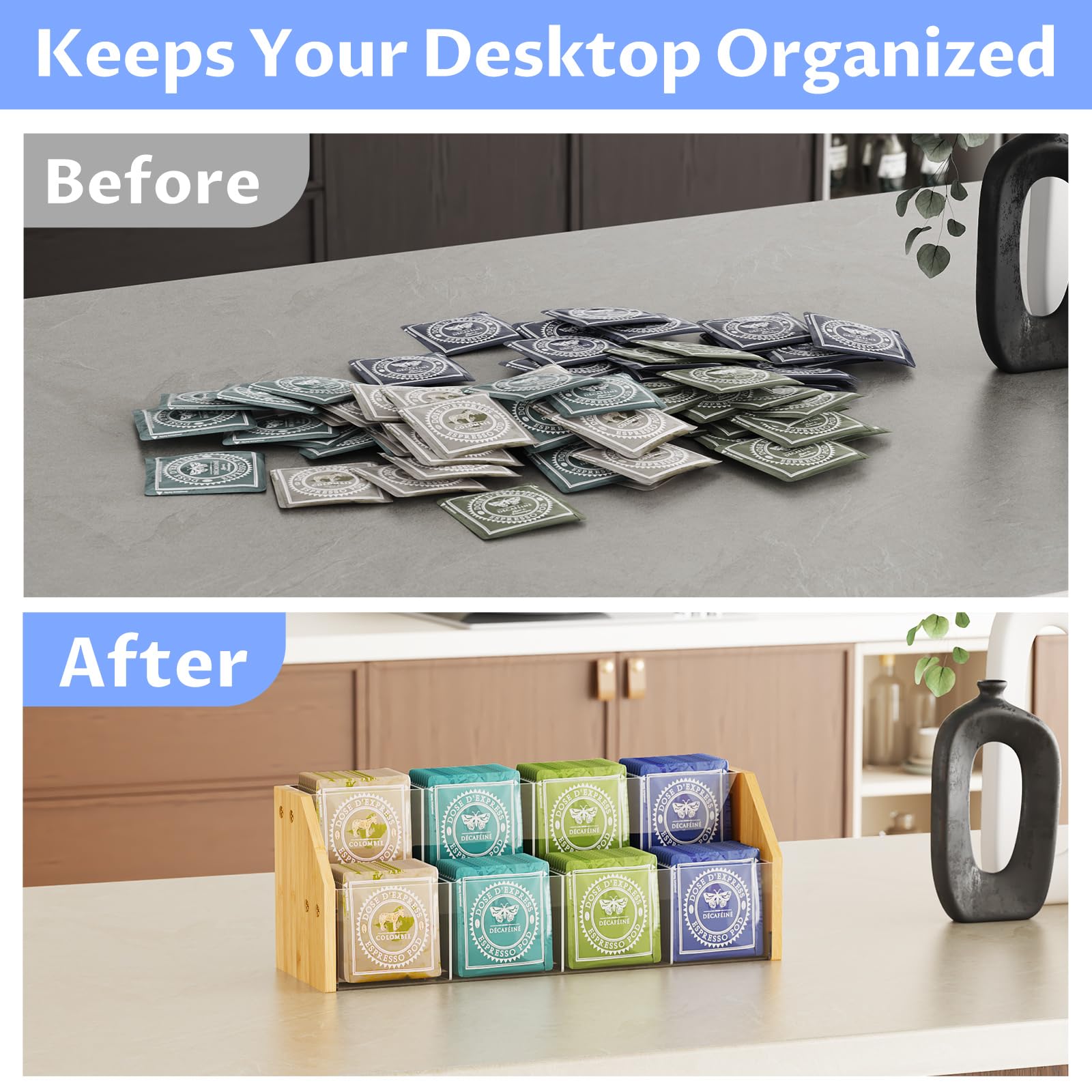 NiHome Organizador de bolsas de té de 2 niveles con paneles acrílicos transparentes y marco de bambú, 8 compartimentos que sostienen hasta 80 bolsas de té, soporte de té para ahorrar espacio para el