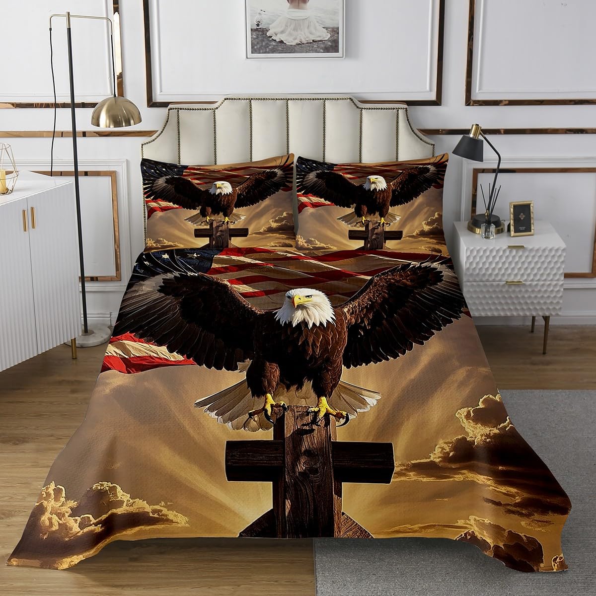 Erosebridal Eagle Quilt Set,American Flag Coverlet Set,Sea Eagle Standing On The Cross Bedspreads for Boys Girls 4Th of July Independence Day Bedding Sets Queen Size with 2 Pillowcases
