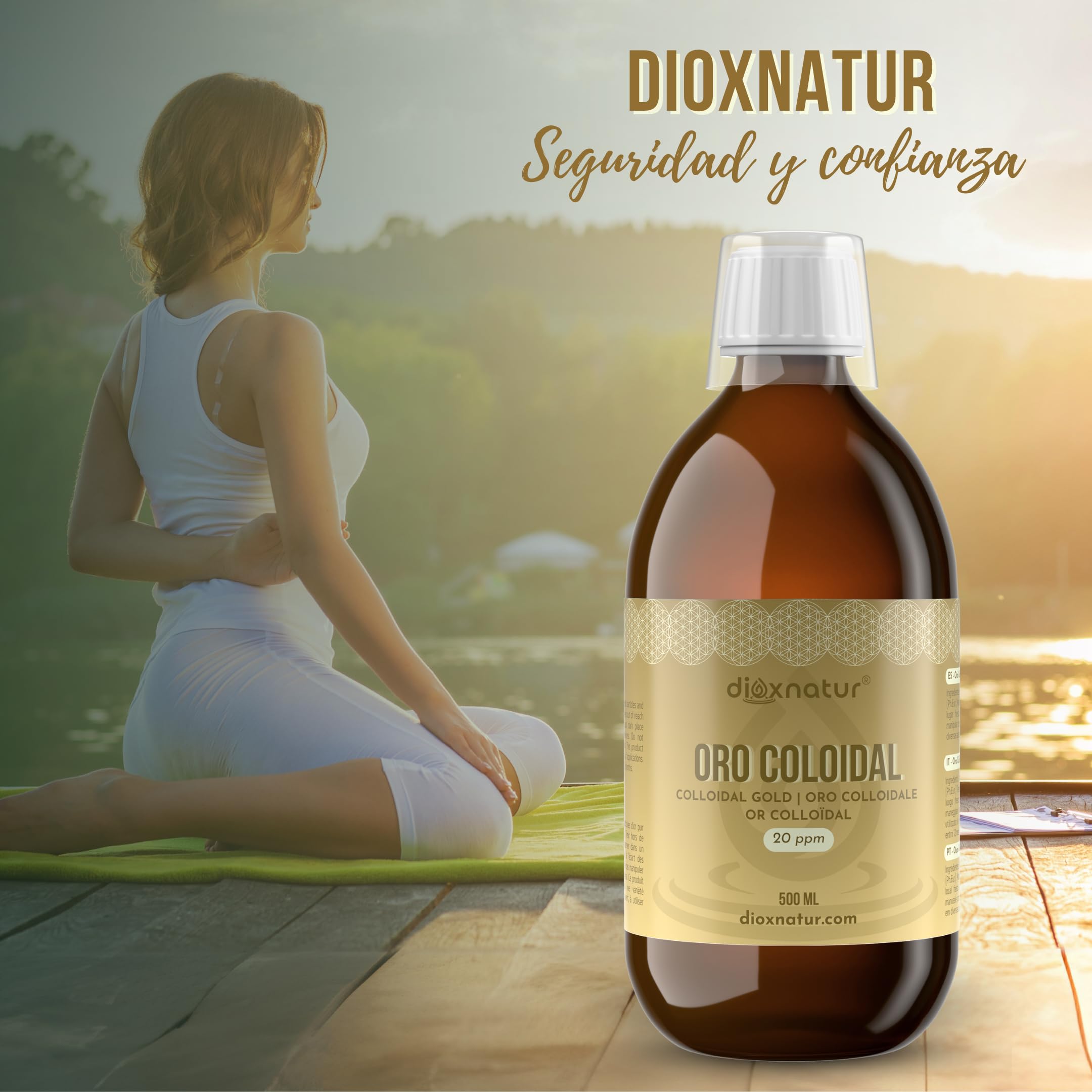 Oro Coloidal 500 ml - 20 ppm - 24K Puro 99,99% - Solución Líquida con Agua Bidestilada - Botella Vidrio Ámbar