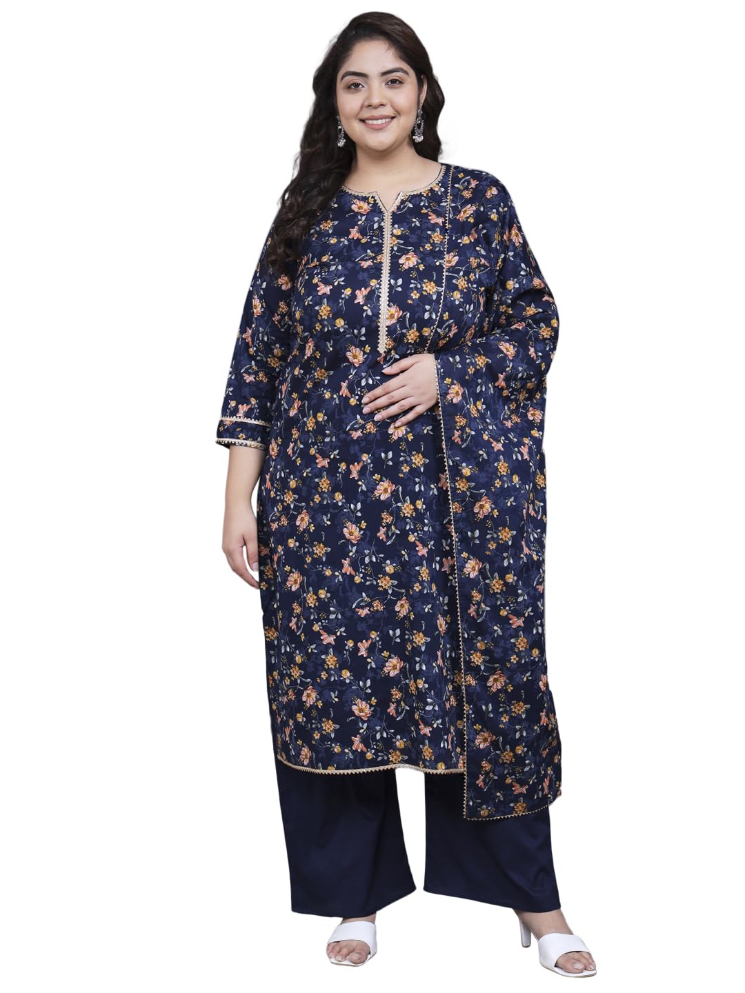 Tissu Women's Plus Size Navy Blue Printed Pure Cotton Kurta Palazzo With Dupatta (676_Dark Blue_4Xl)