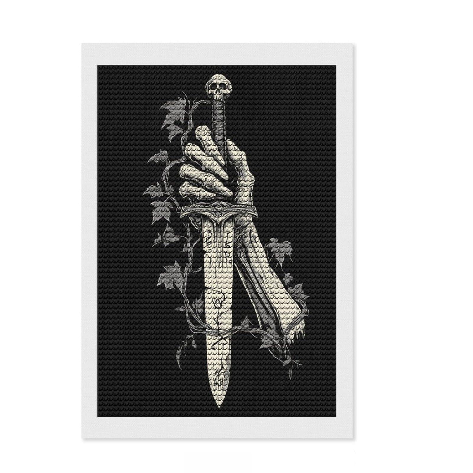 Junmoney Gothic Skeleton Hand Holding Dagger Diamond Art Kit 8"x12", Easy to Follow Symbols, Mindful Craft Activity, Bedroom Decor, Christmas Gift