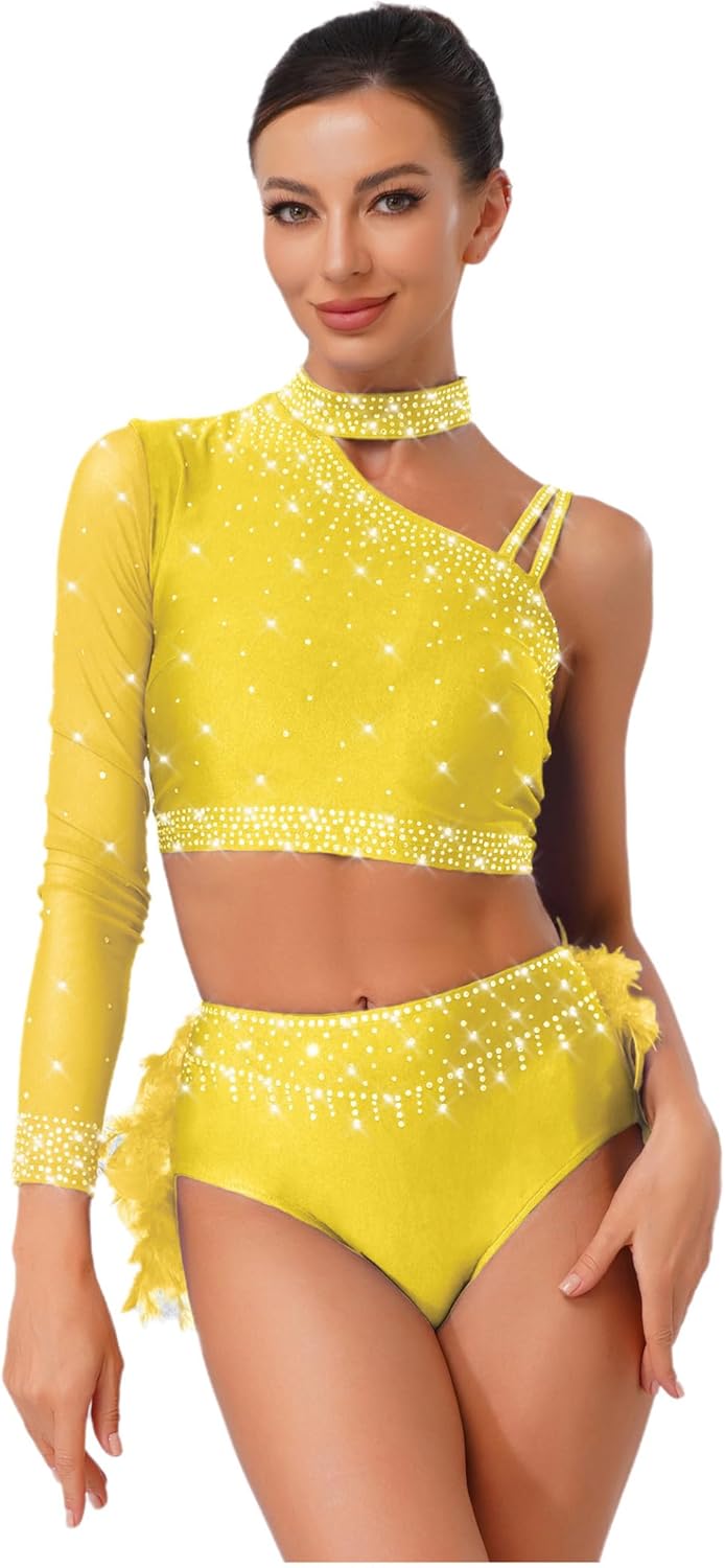 Women 2 Piece Dance Outfit Rhinestone Crop Top with Feather Briefs Jazz Latin Lyrical Dance Costume