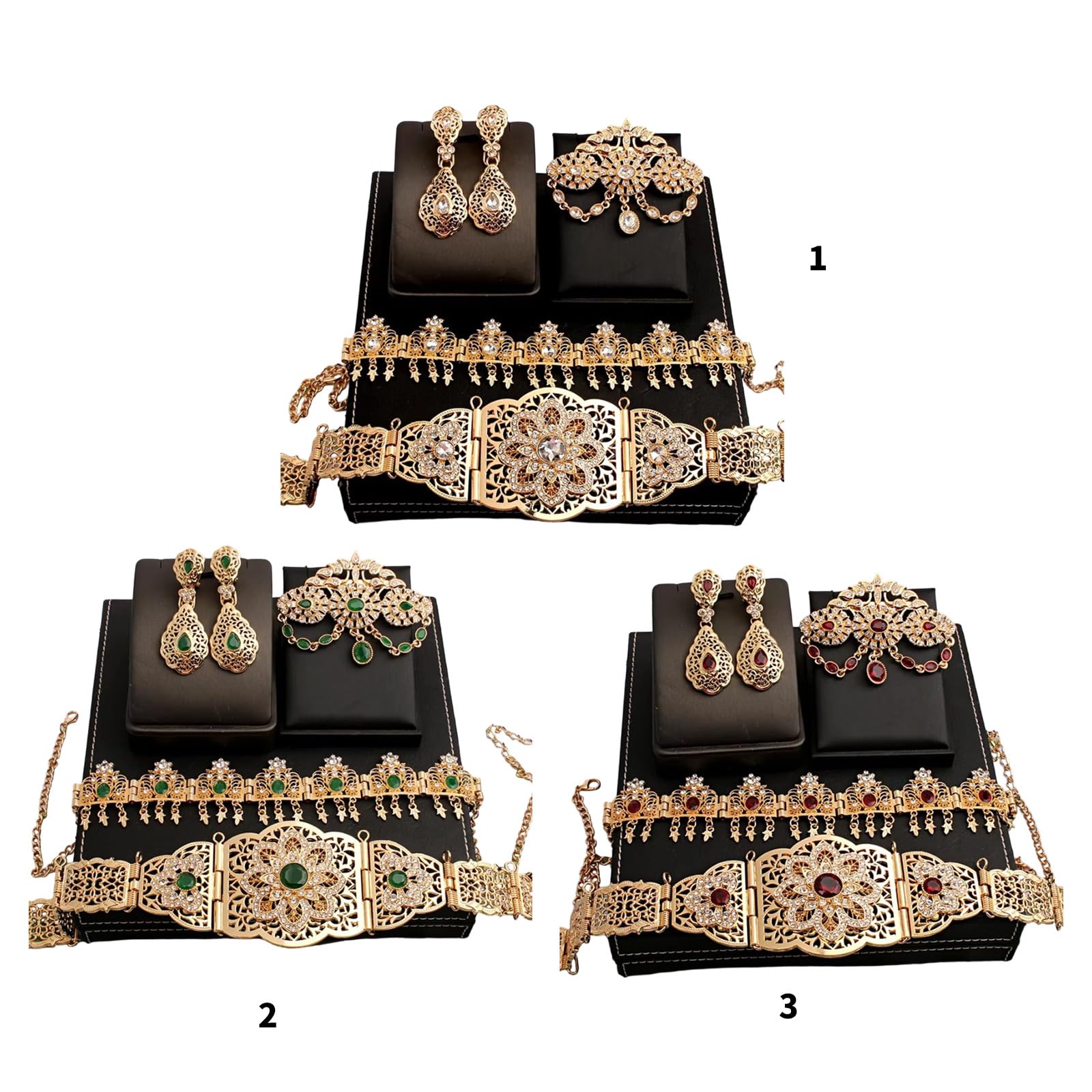 Conjunto de joyería nupcial marroquí Color chapado en oro para vestido de novia que incluye aretes con broche de cinturón en estilos árabes Accesorio de boda nupcial del Cáucaso