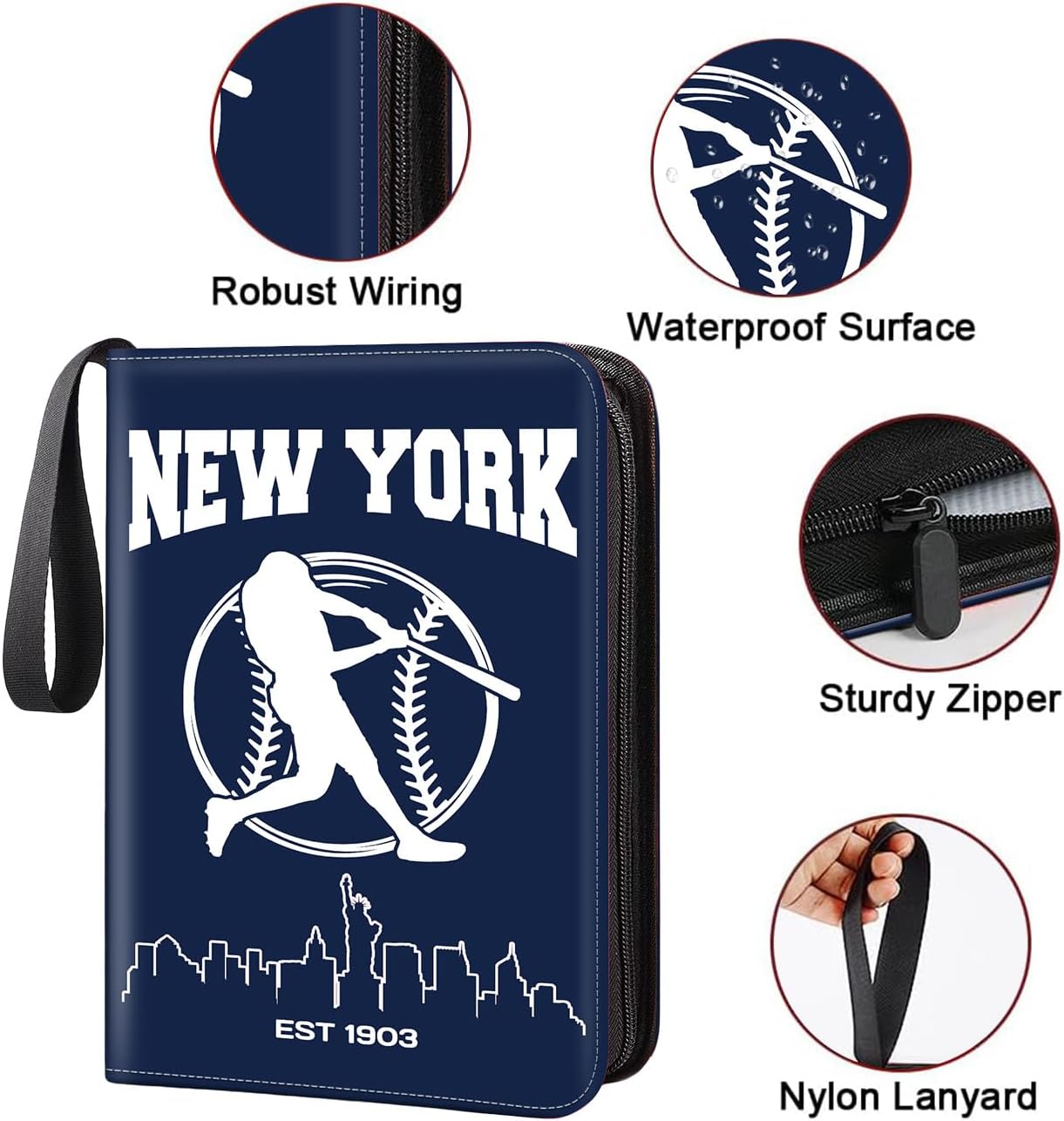 Baseball Card Binder, New York Trading Card Holder Protectors, 4 Pocket Fits 400 Cards with 50 Removable Sleevesves Card Storage Album Folder Case Collector