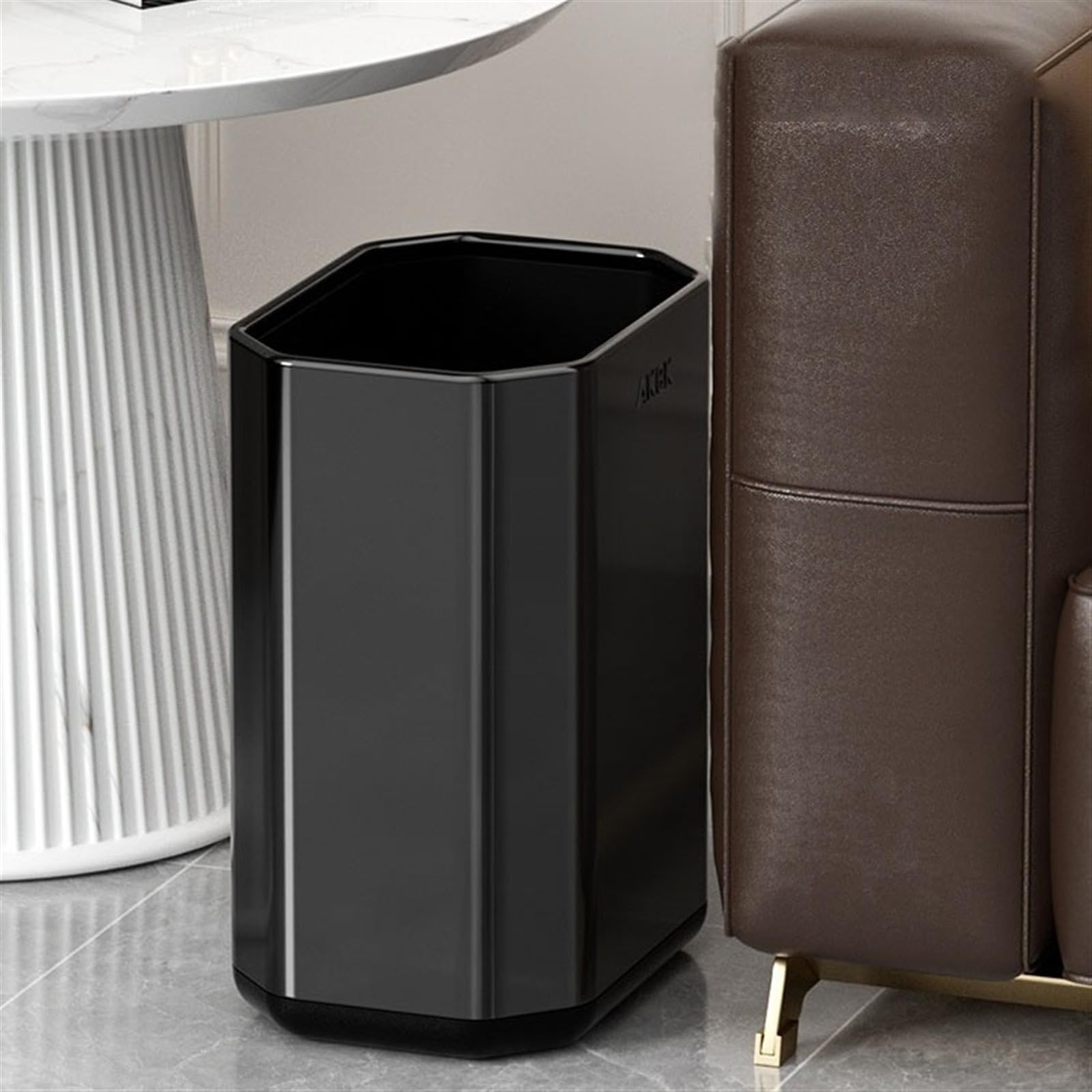 Poubelle 10/12 litres, octogonale, en métal, avec insert intérieur, étroite, en acier inoxydable brossé, pour salle de bain, cuisine, bureau (noir, 10 l)