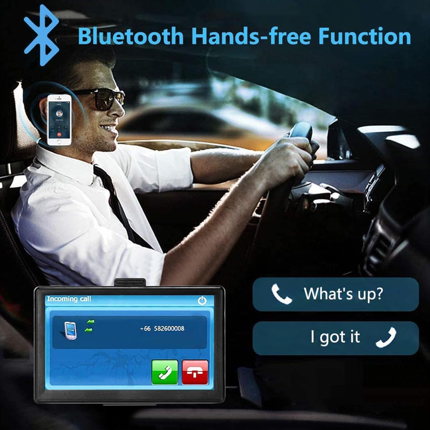 A man driving a car, using the OHREX T76 Sat Nav for Bluetooth hands-free calling.