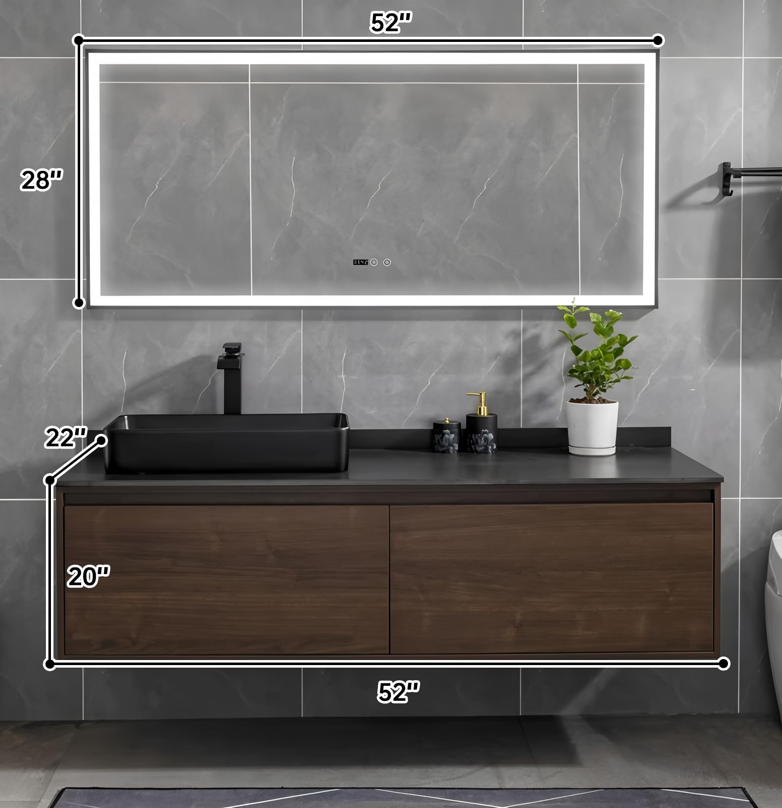 Juego de baño montado en la pared de 52 pulgadas con espejo LED inteligente antivaho impermeable, gabinete de madera maciza, lavabo negro y encimera para baños modernos