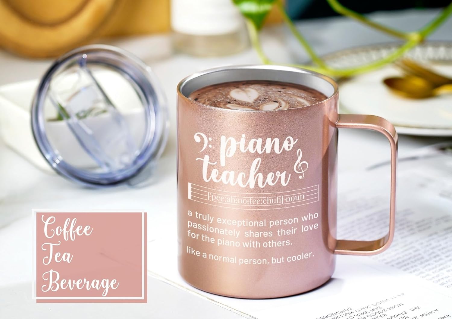 Onebttl Piano Teacher Gift for Women, 12oz/350ml Stainless Steel Insulated Coffee Mug with Lid - Rosegold - Image 4