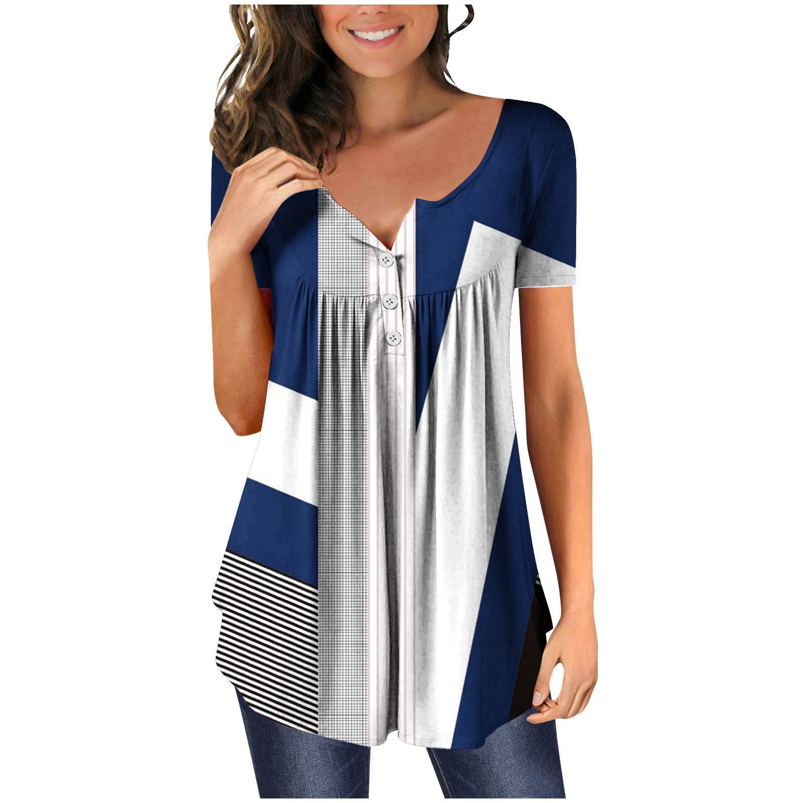 NUSGEAR 2023 Camiseta Manga Corta Mujer, Verano Moda Impresión Blusa Clásico Camisa Plisada Cuello Redondo Botones Basica Camiseta Suelto Fluido Tops Casual Fiesta Cómodo T-Shirt Original tee