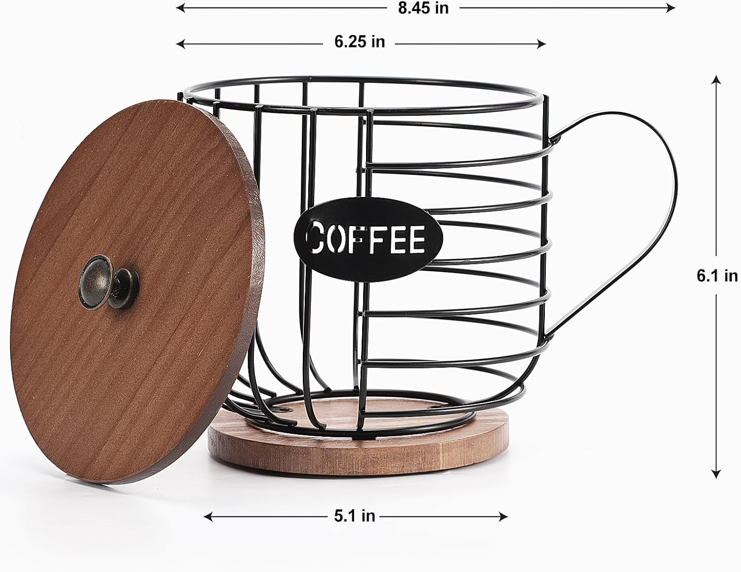 Rustic Coffee Pod Holder - Large Capacity Black Wire K cup Storage with Wooden Lid - Round Coffee Basket Decor for Kitchen Countertop for Pods & Espresso Capsules (Cup shape)