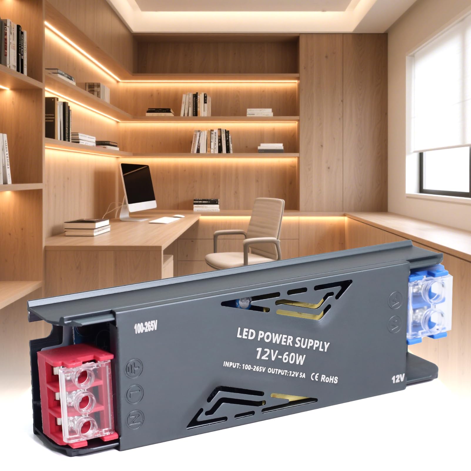 SUCIKORIO 12V 60W LED Driver, Ultra Slim LED Transformer 240V AC to 12V DC 5A 60 Watt Quiet Low Volt Converter LEDs Power Supply Constant Voltage For LEDs Strip, Wall Lamp, Indoor