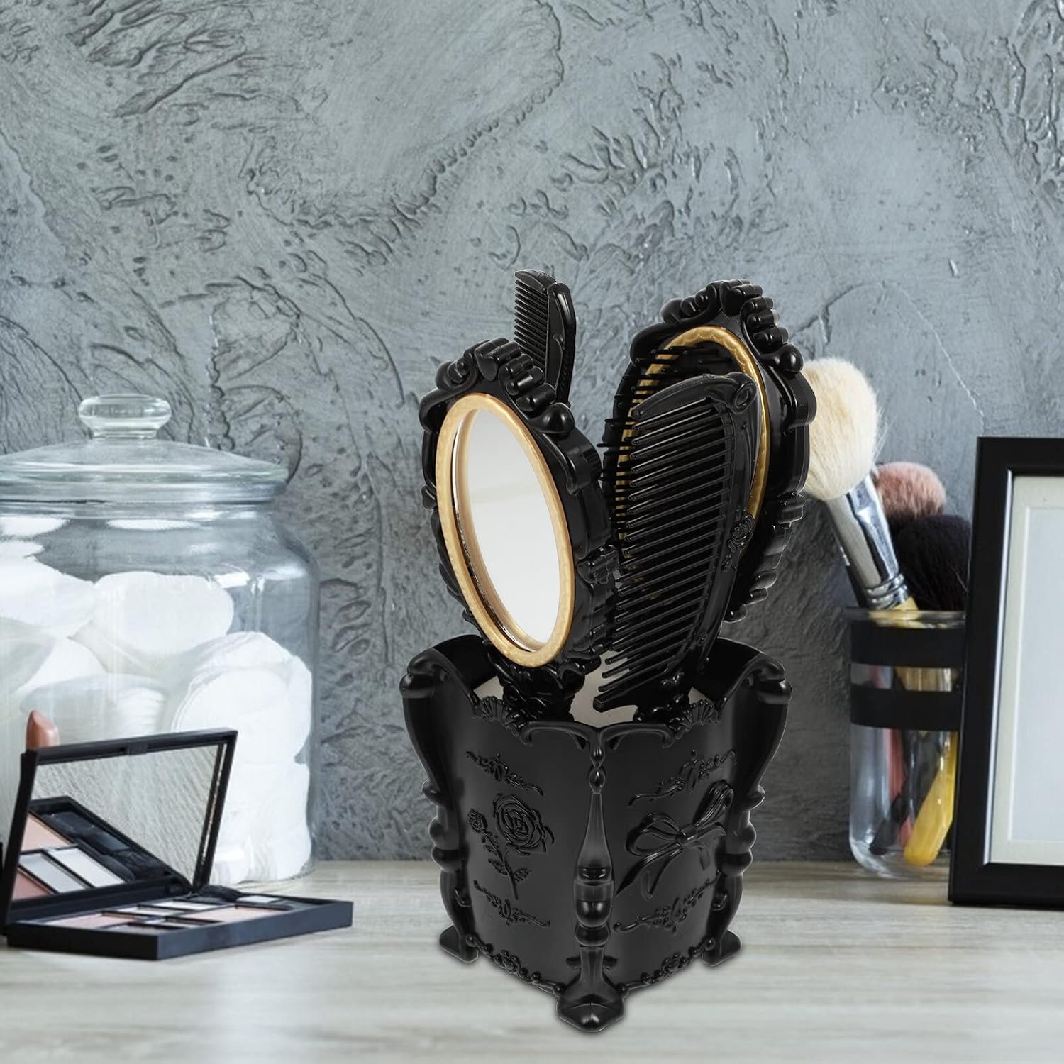 Vintage Makeup Set: Wide Tooth Comb, Round Mirror, Hair Brush with Holder, Detangling Brush, Rat Tail Comb, Hand Mirror, and Womens Wallet