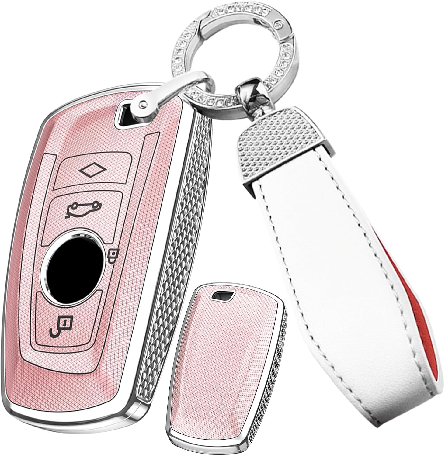 SANRILY PC Plating Smart Key Fob Cover Compatible with BMW X1 X3 X4 X5 X6 1 2 4 5 6 7 M3 M5 M6 GT3 GT5 G30 F10 F15 F16 F20 Keyless Key Fob Case Shell with Leather Keychain Pink