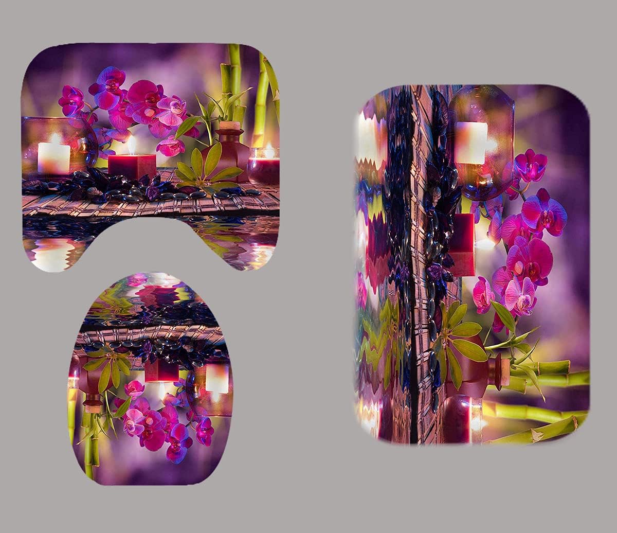 OLEBETY 4PCS/Set Zen Yoga Spa Shower Curtain, Herbal Oil Basalt Massage Stone Green Bamboo Candle Artwork Relaxing Spiritual Meditation Bathroom Decor, Non-slip Bath Mat Toilet Rug, Purple Orchid