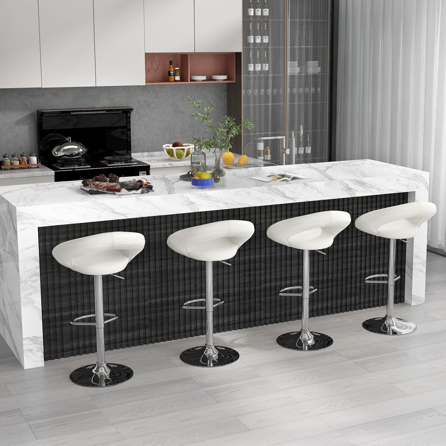 COSTWAY Height Adjustable Bar Stools Set of 4, Swivel Counter Stools w/Hollow Back & Footrest, Heavy-Duty Metal Frame Upholstered Pub Stools, Swivel Breakfast Chairs for Bar, Kitchen, White