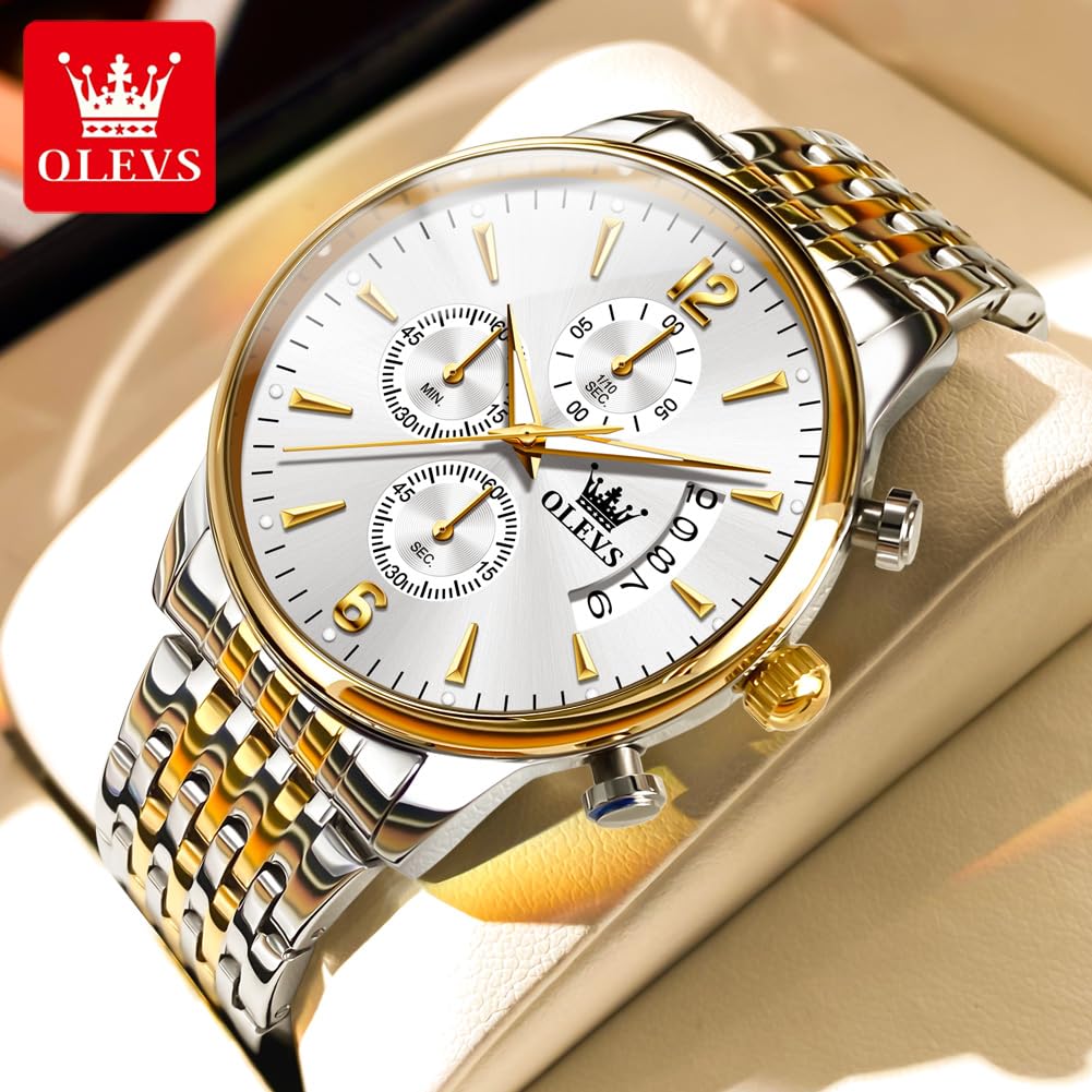 OLEVS Relojes de lujo para hombre, multifuncional, cronógrafo, fecha curvada, cuarzo, analógico, reloj de pulsera de acero inoxidable, impermeable, luminoso