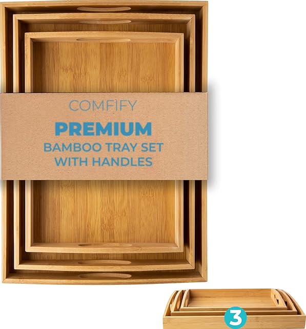 Bamboo Serving Trays with Handle  Set of 3 Wooden Trays That Nest  Large, Medium and Small Tray for Food, Ottoman Décor & More  Bamboo Trays for Breakfast in Bed - Natural Color