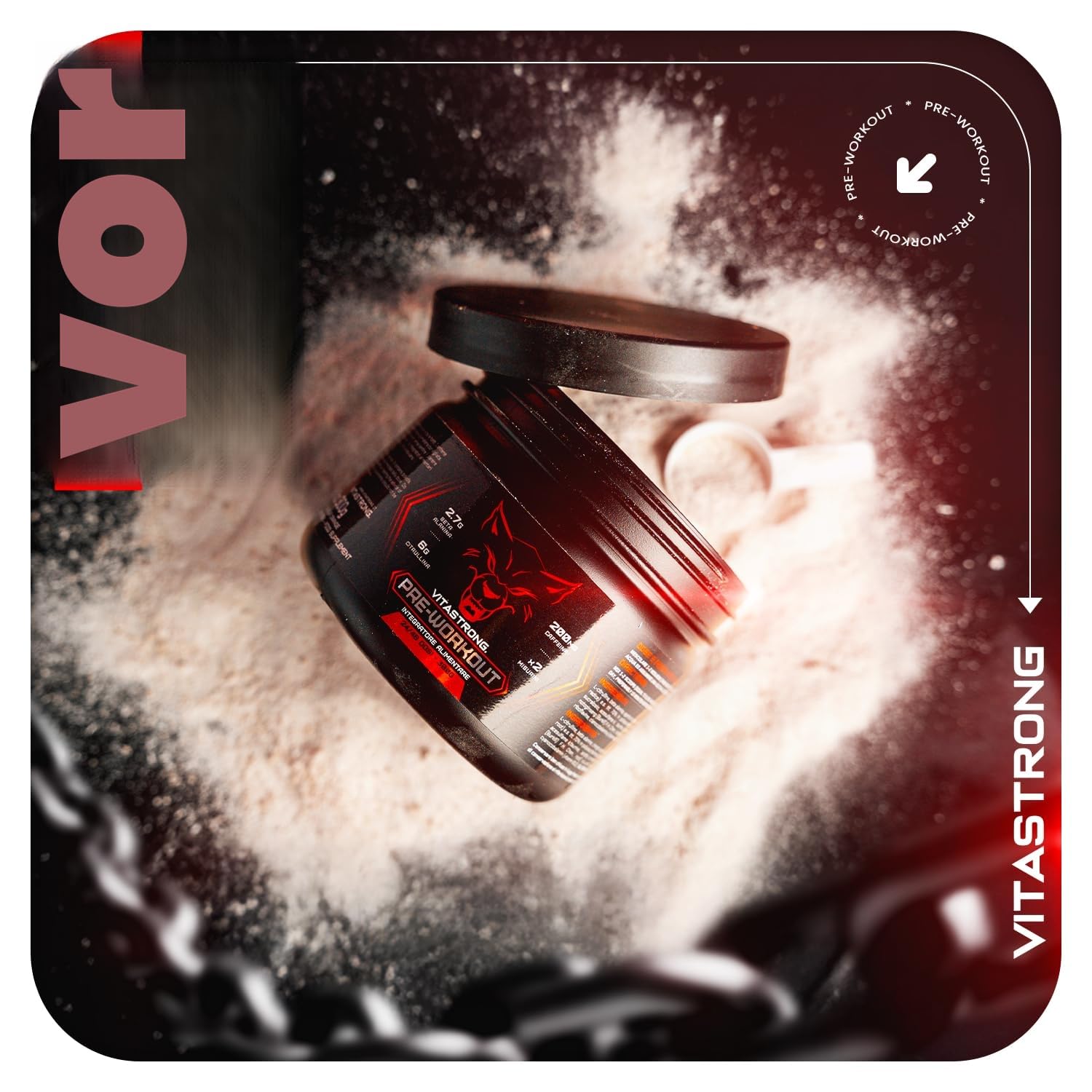 Pre Workout Booster mit Koffein 300g, Vegan Preworkout mit Vitamin B12, Citrullin, Beta-Alanin, Koffein Pulver, Taurin Pulver, AstraGin, Vitastrong Pre Workout (24 Portionen (1er-Packung), Orange)