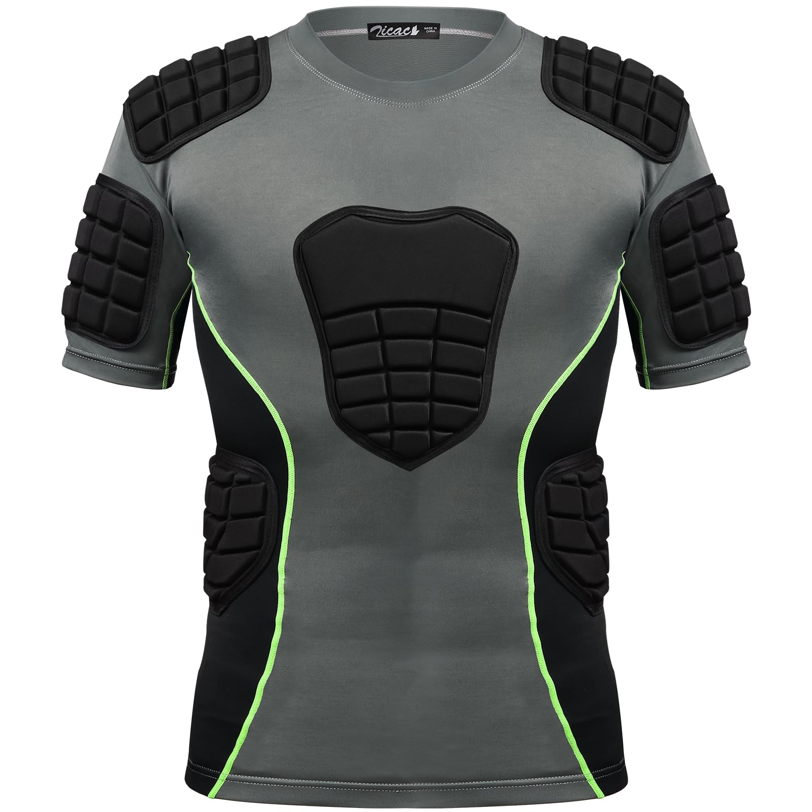 Zicac Men's Greyish Green Padded Compression Shirt, Football Chest Rib Protectors With 8 Pads Football Protective Gear For Baseball Rugby Lacrosse