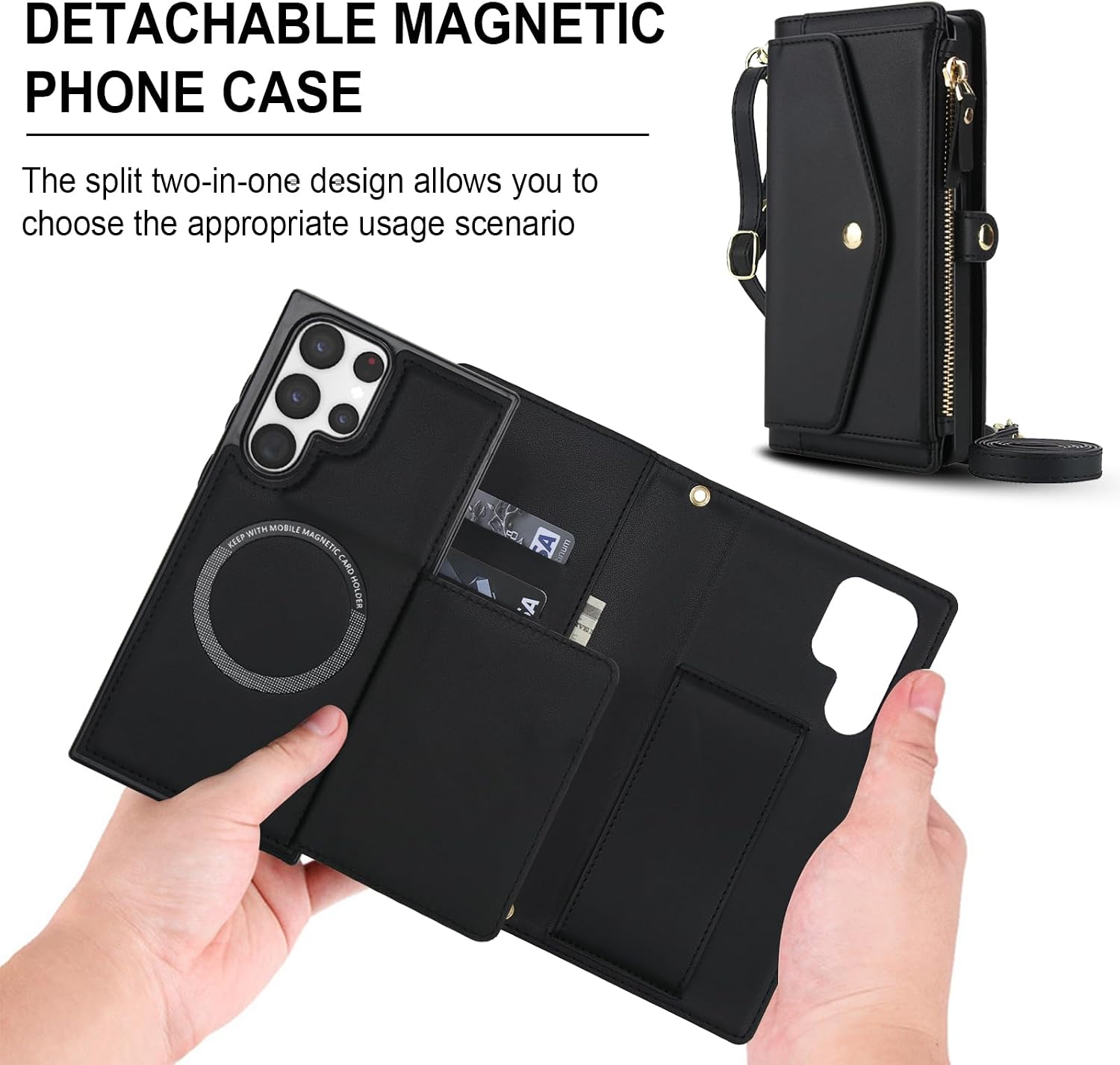 Phone Case for Samsung Galaxy S22 Ultra 5G Wallet Cover Compatible with Magsafe RFID Screen Protector Crossbody Lanyard Strap Flip Card Holder Slot Zipper S22ultra 22S S 22 S22ultra5g 6.8 Black