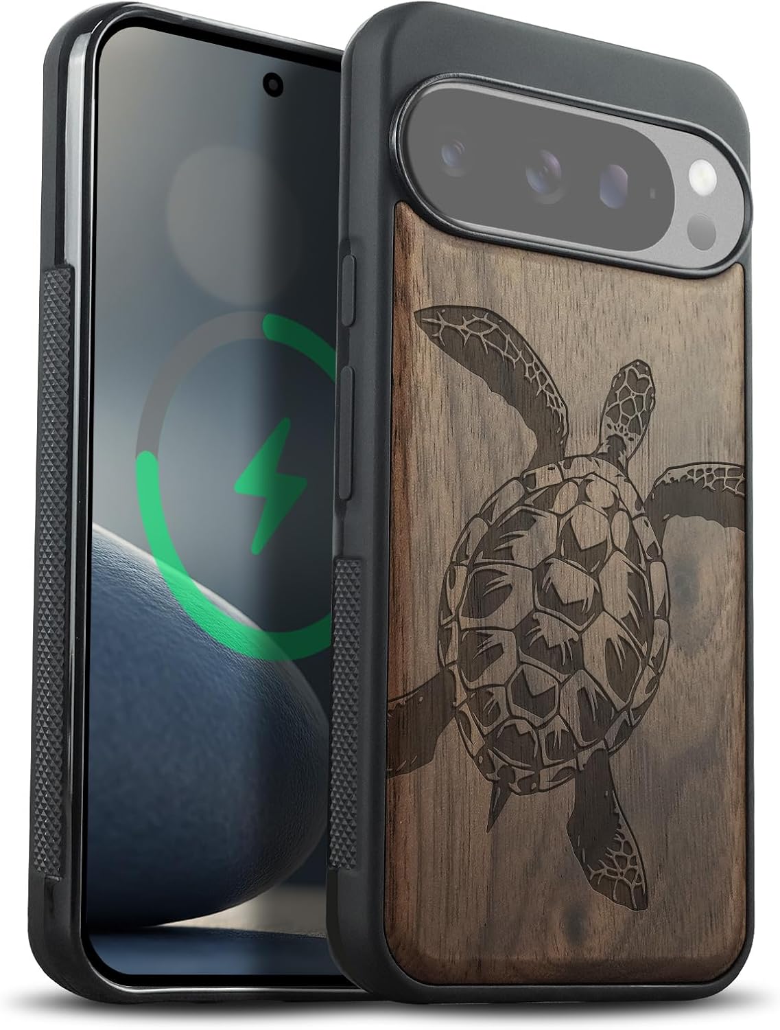 Carveit Magnetic Wooden Case for Google Pixel 10 Pro XL Case, Wood Artisan Engraved & Soft TPU Shockproof Cover, Compatible with MagSafe Wireless Chargers (Eternal Ocean Spirit) Walnut