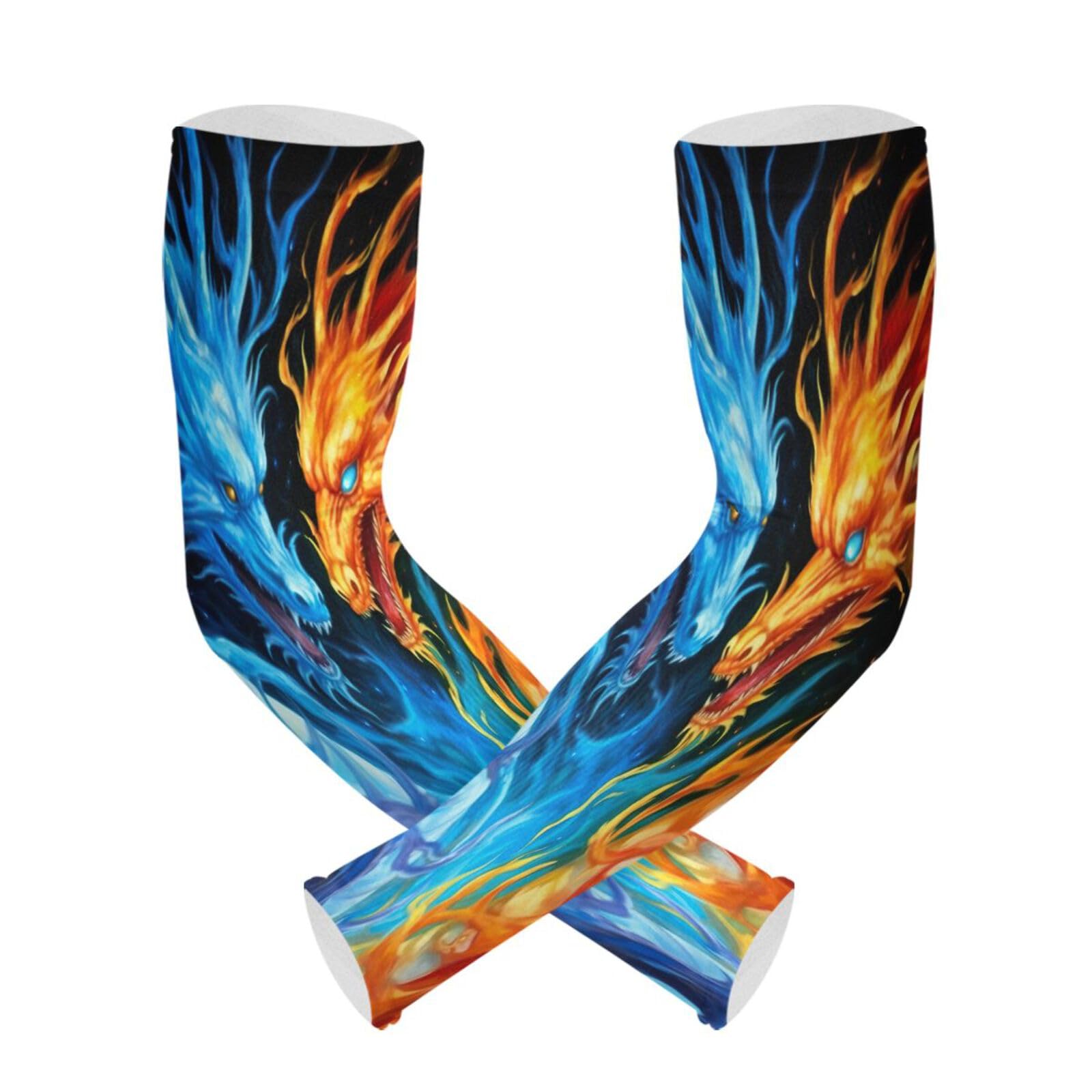 Wassud Fire Dragon and Blue Dragon UV Protection Arm Sleeves Cooling Sports Compression Athletic Sleeves, Breathable and Skin-friendly, for Golf Cycling Fishing,1 Pair