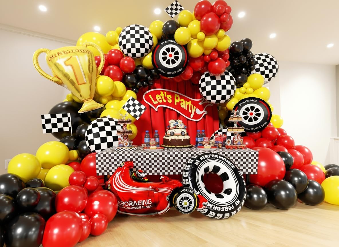Race Car Balloon Arch Kit - 170Pcs Different Size Balloons and Tire Flags Checkered Black Red Yellow Balloon Garland Kit for Racing Car Two Fast 2nd Theme Baby Birthday Party Decorations - Image 6