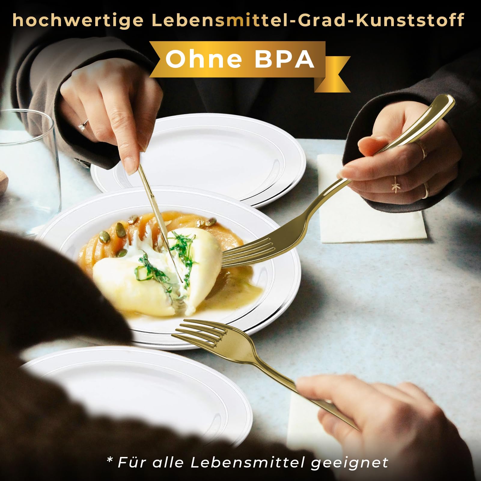 150 Stück wiederverwendbares goldfarbenes Kunststoff-Set, 25 flache Teller, 25 Salatteller, 25 Messer, 25 Gabeln, 25 Löffel, 25 Tassen, für Hochzeit, Garten, Party