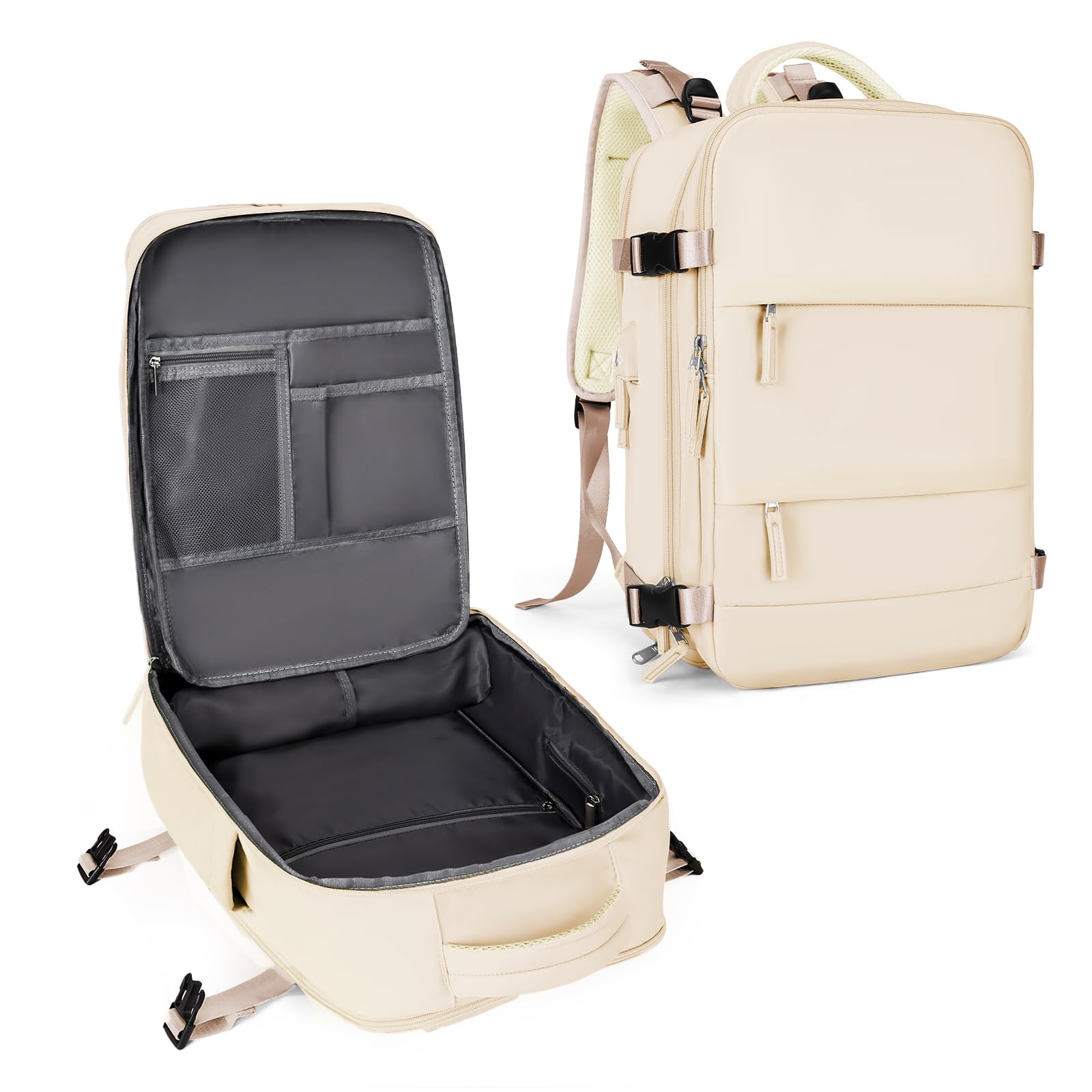 coowoz Large Casual Travel Backpack For Women Men,Carry On Rucksack Flight Approved,Hiking Waterproof Outdoor Sports Daypack Fit 15.6 Inch Laptop Shoes Compartment (Beige)