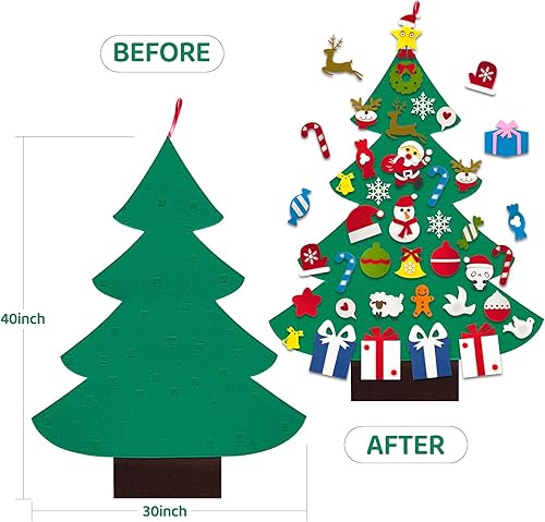 Miniatura 9 de Árbol de Navidad de fieltro de 3 pies para niños con 31 adornos desmontables, decoración de Navidad para colgar en la pared con tira de luces