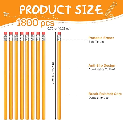 Miniatura 2 de Honoson Paquete de 1800 lápices HB #2 con caja de madera a granel, lápices sin afilar con borrador para escuela, aula, profesor, regalo de regreso a