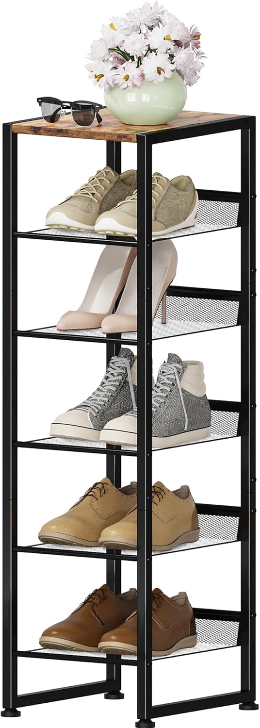 6 Tiers Vertical Shoe Rack, Corner Shoe Storage Organizer, Narrow Shoe Tower for 6 Pairs, Space Saving Sturdy Metal Shoe Shelf, Adjustable, Freestanding, for Entryway, Hallway, Living Room, Bedroom